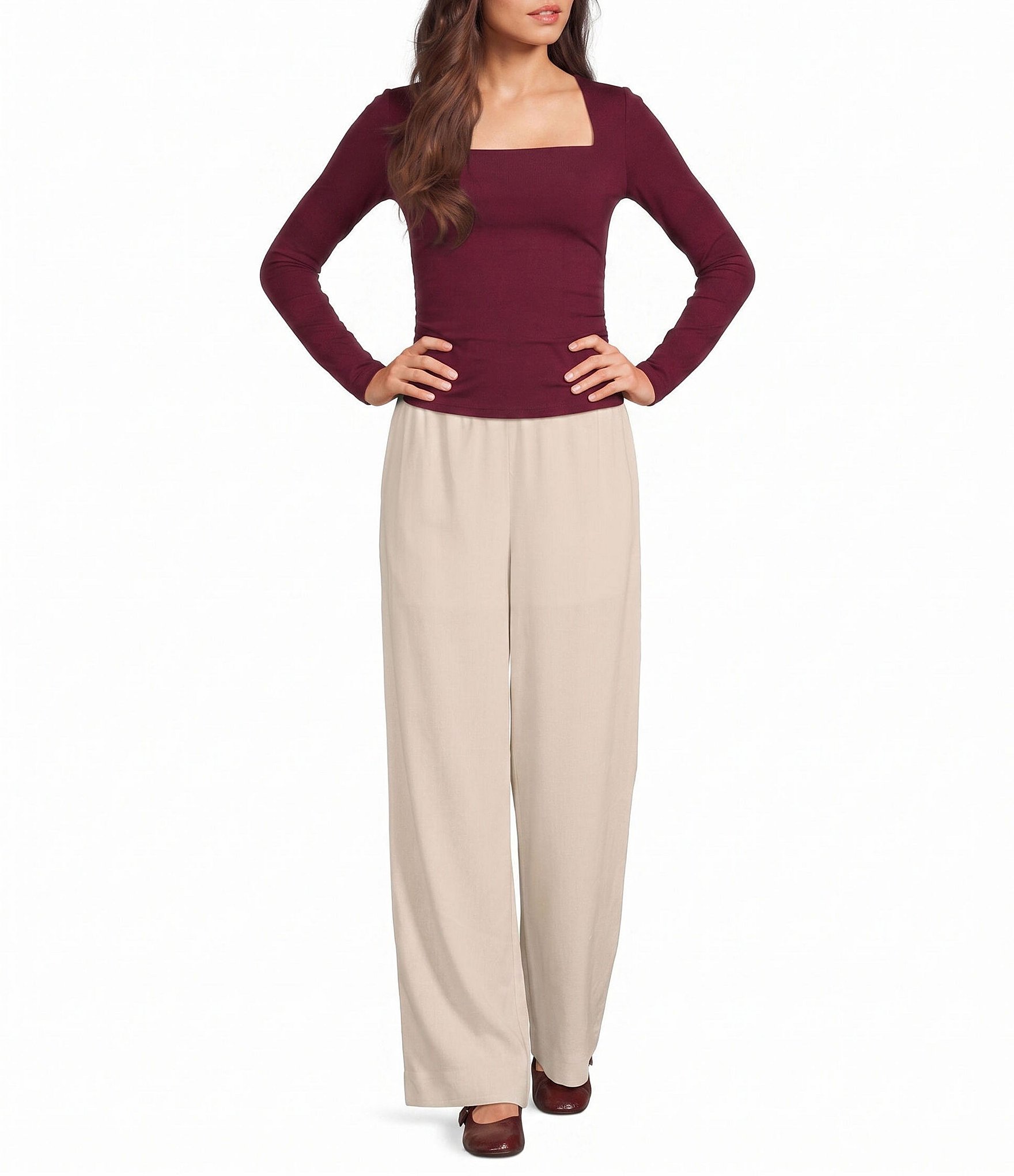 Blu Pepper Square Neck Ruched Side Long Sleeve Top