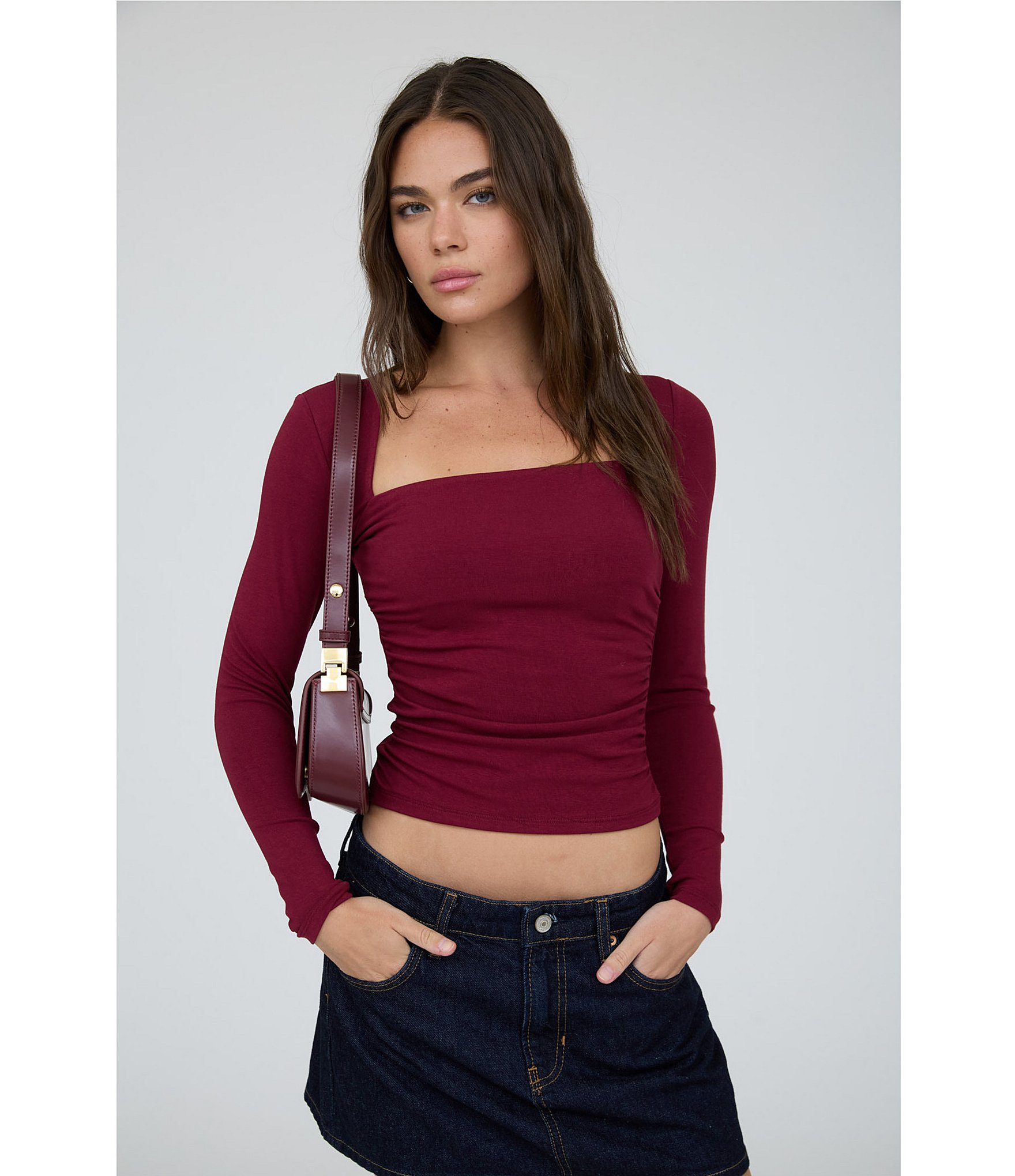 Blu Pepper Square Neck Ruched Side Long Sleeve Top