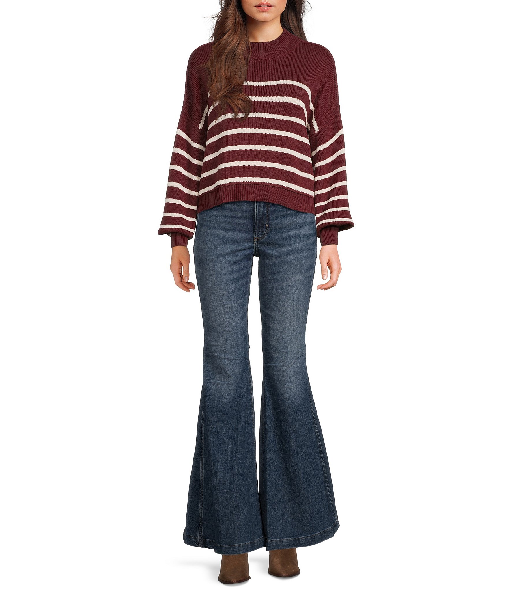 Blu Pepper Stripe Mock Neck Long Sleeve Sweater