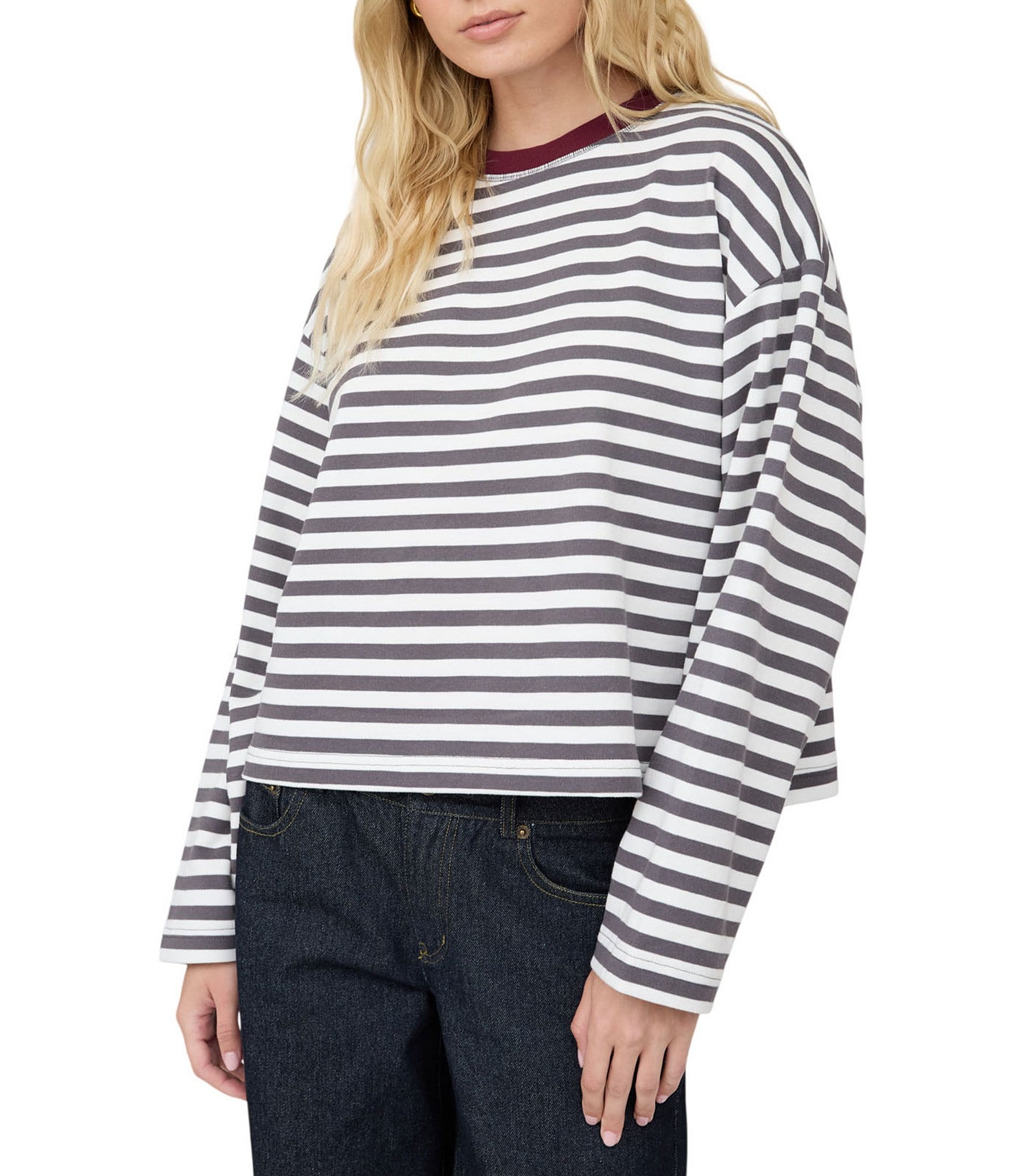 Blu Pepper Striped Boxy Long Sleeve Top