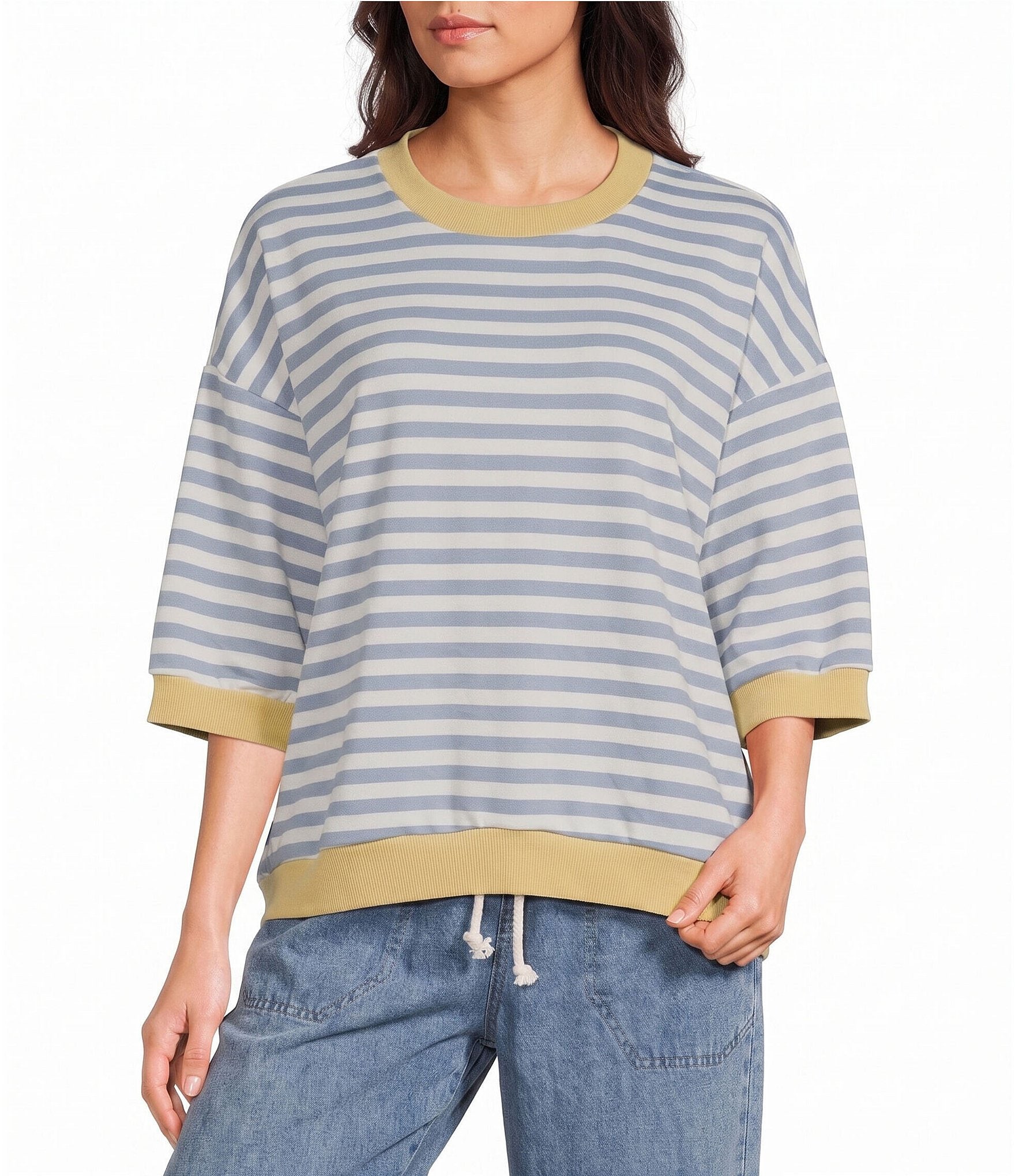 Blu Pepper Striped Color Block Trim 3/4 Sleeve Top