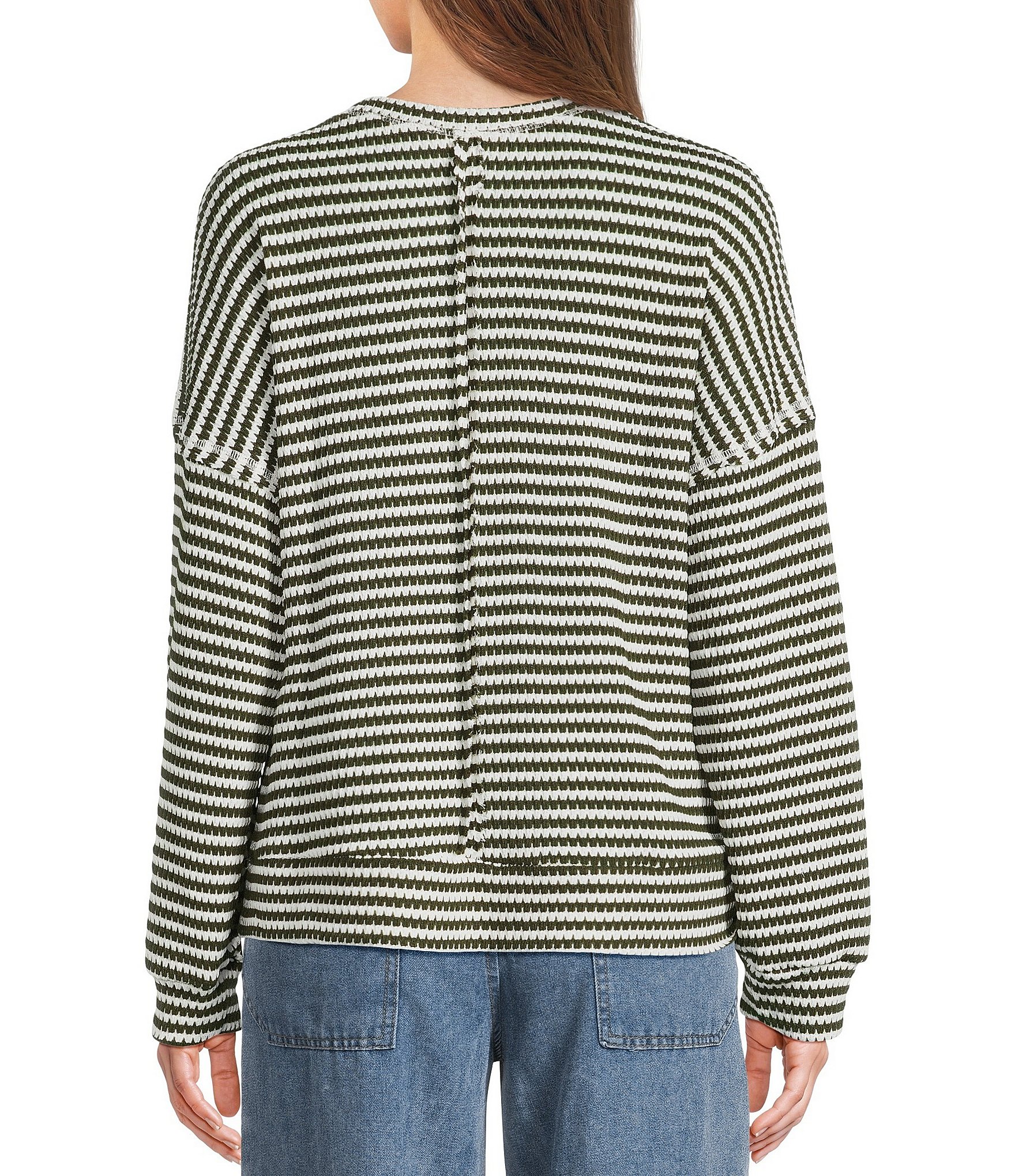 Blu Pepper Striped V-Neck Exposed Seam Long Sleeve Knit Top