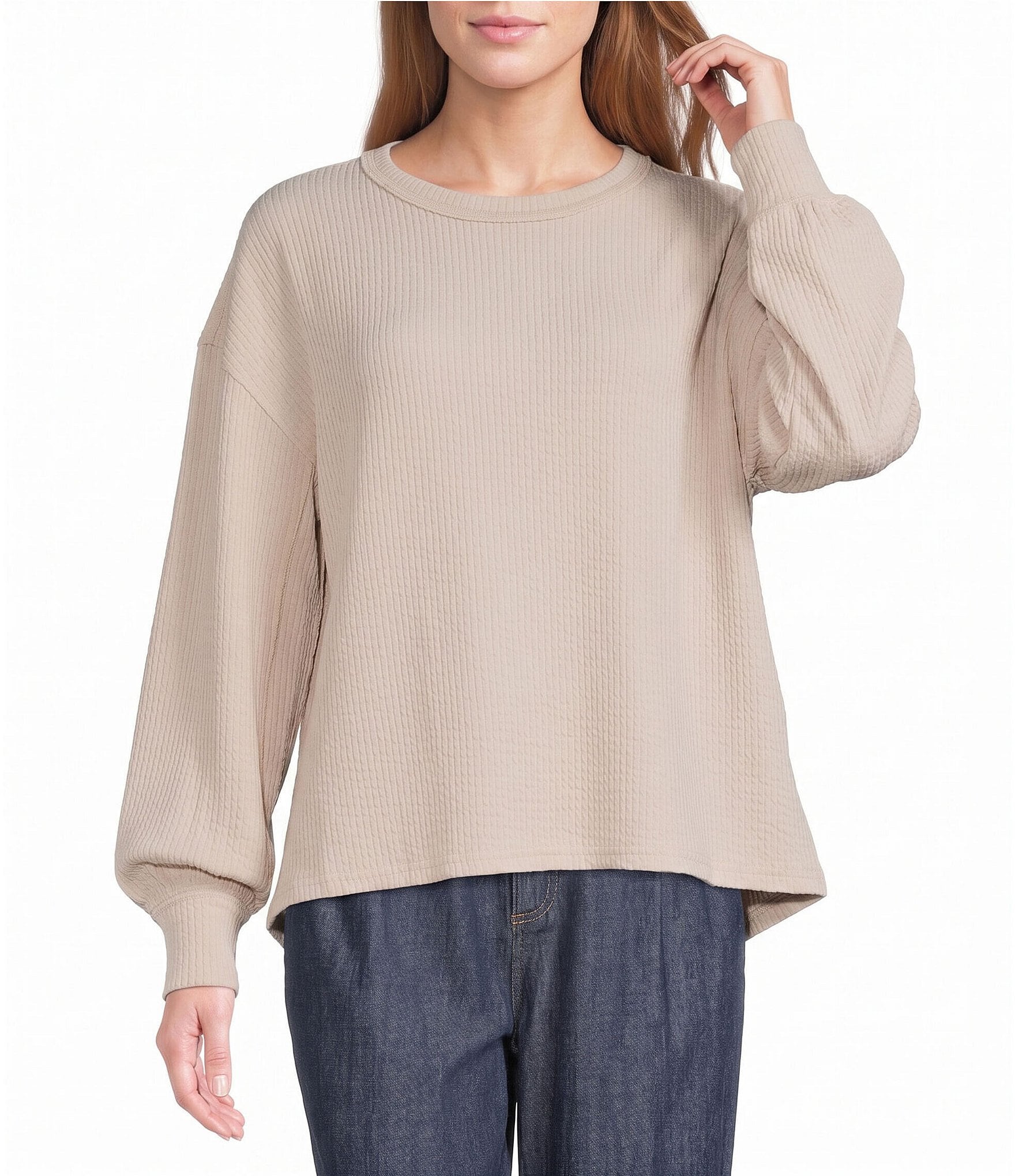 Blu Pepper Textured Exposed Seam Long Balloon Sleeve Knit Top