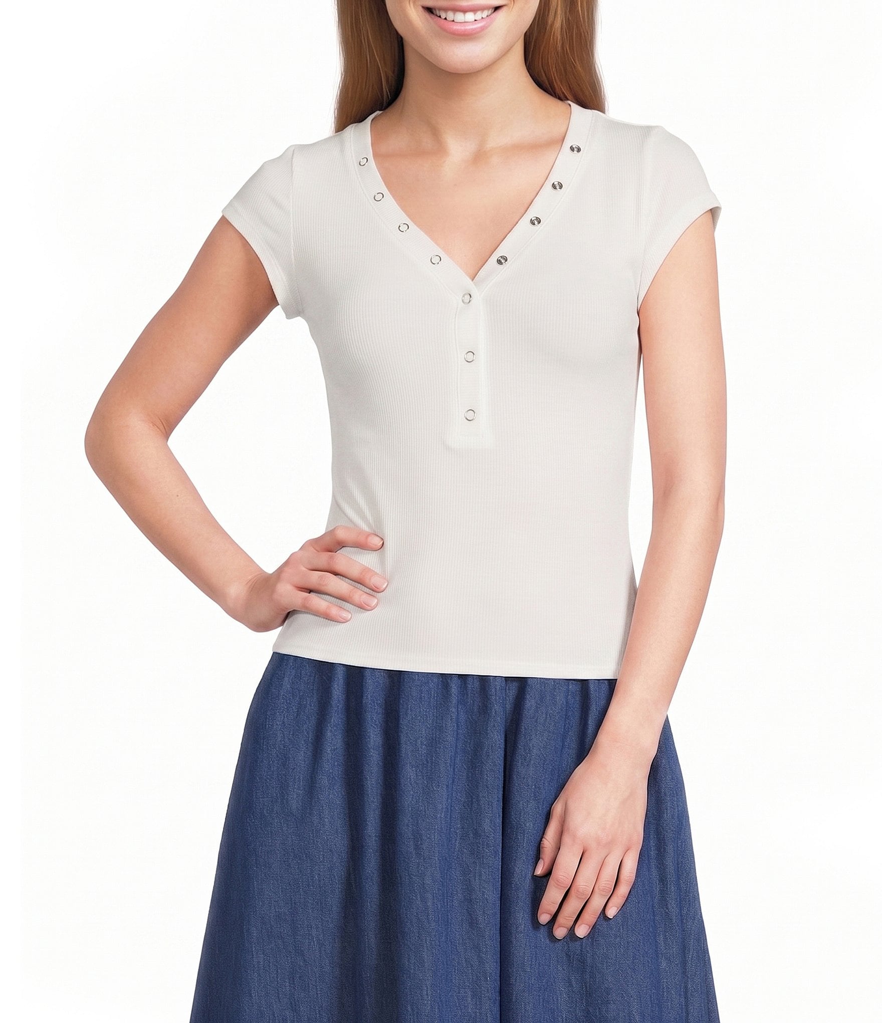 Blu Pepper V-Neck Short Sleeve Half Snap Button Knit Top