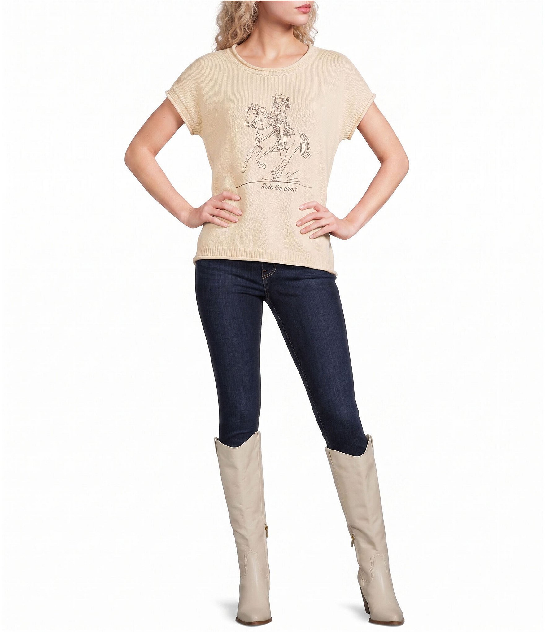 Blu Pepper Western Embroidered Short Sleeve Sweater