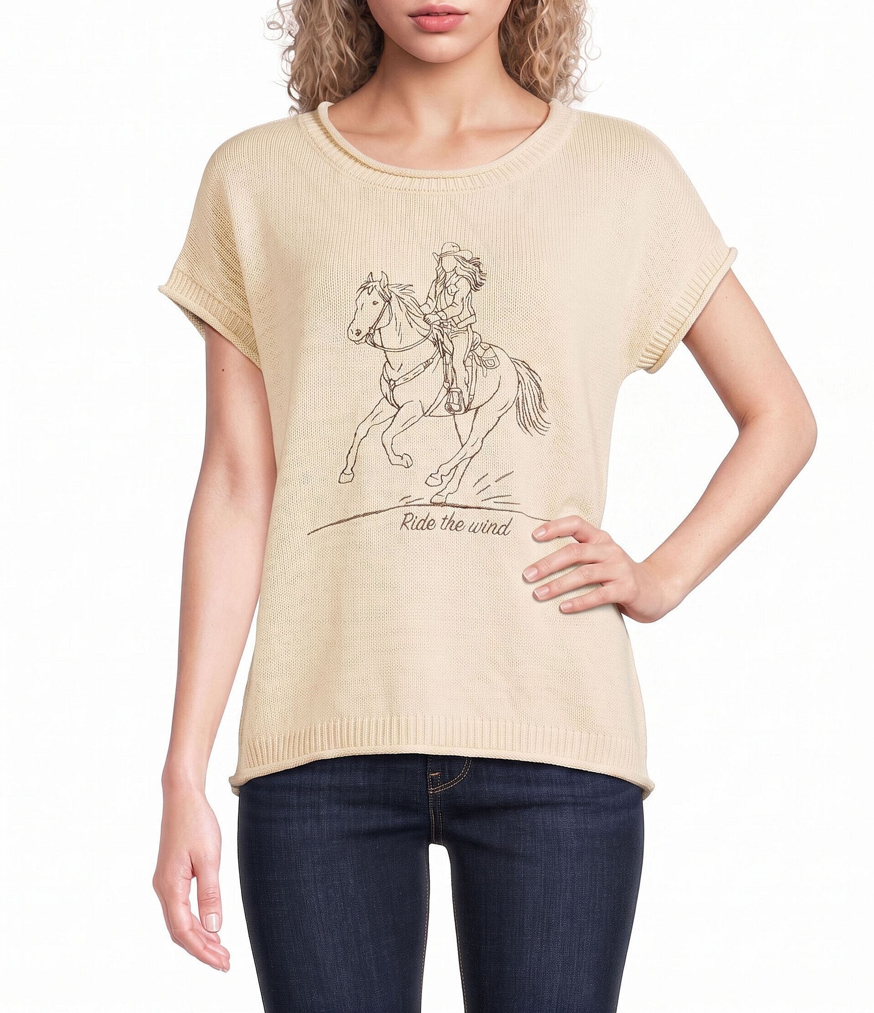 Blu Pepper Western Embroidered Short Sleeve Sweater