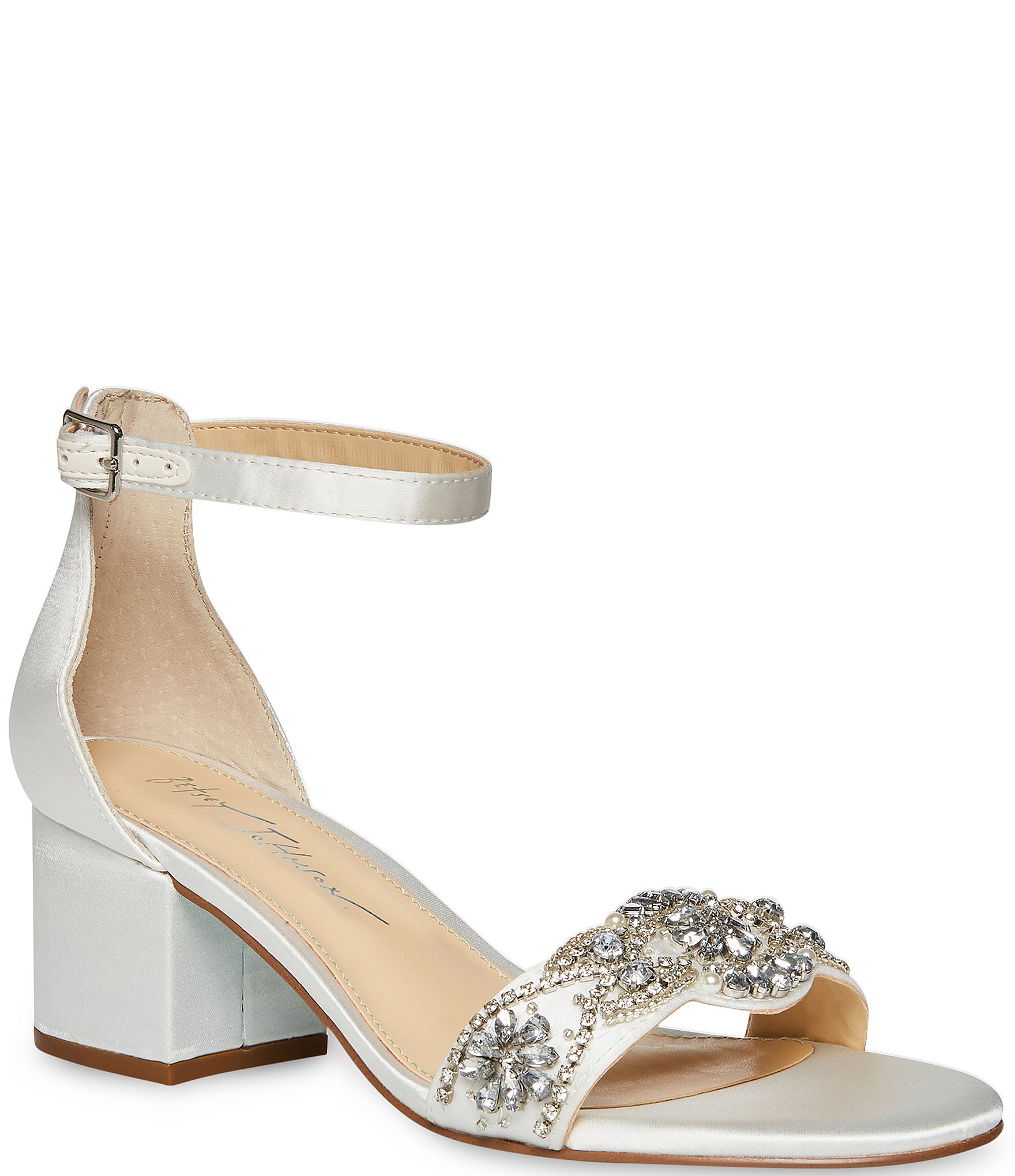 Blue by Betsey Johnson Mel Bejeweled Satin Ankle Strap Block Heel Dress ...