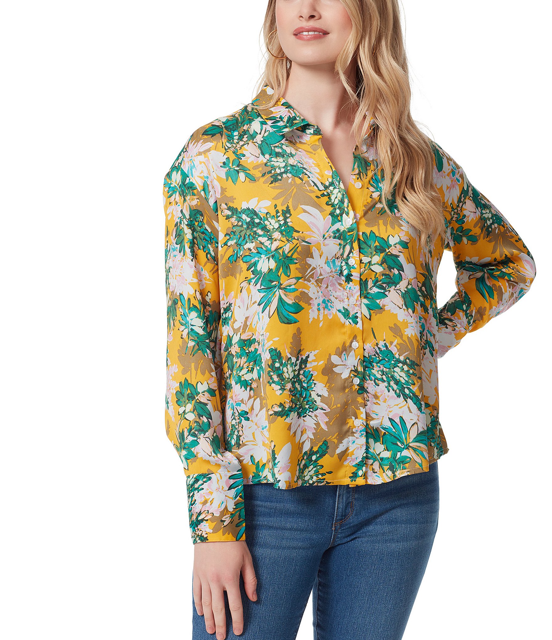 Bodie Long Sleeve Collared Button Front Floral Top | Dillard's