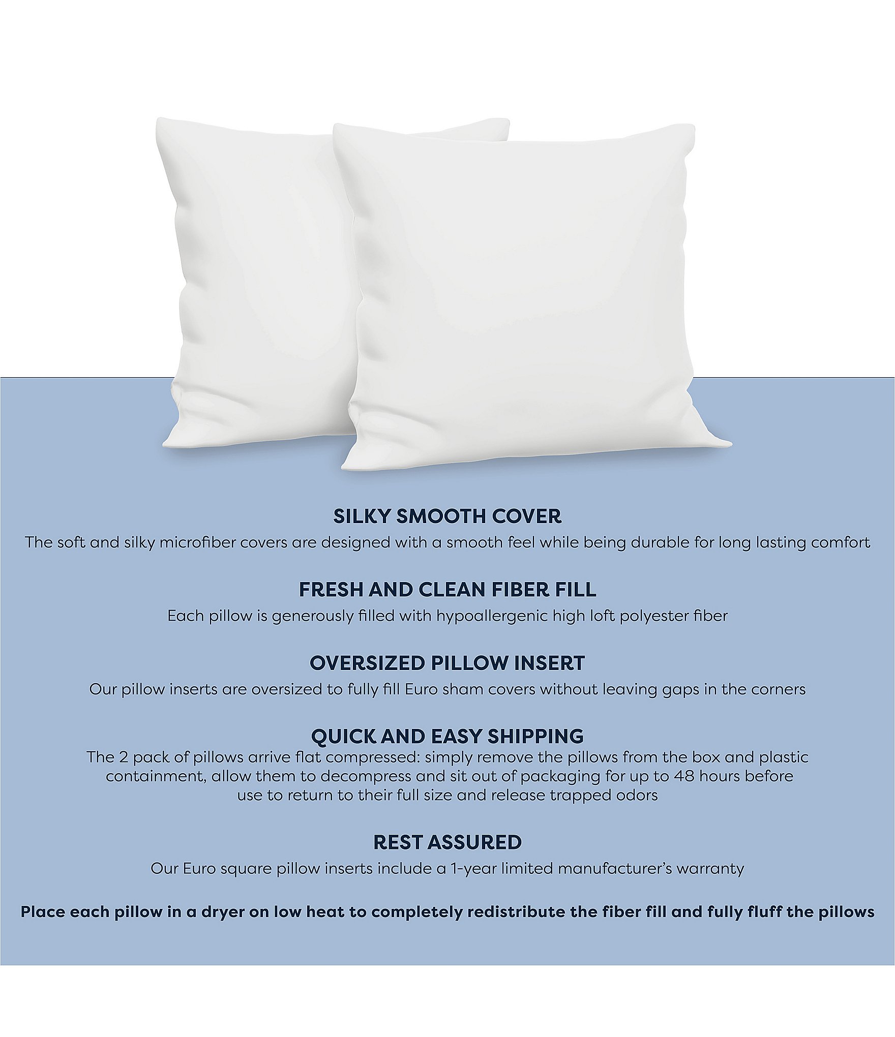 BodiPEDIC Fiber Filled Square Euro Pillow Insert, Set of 2