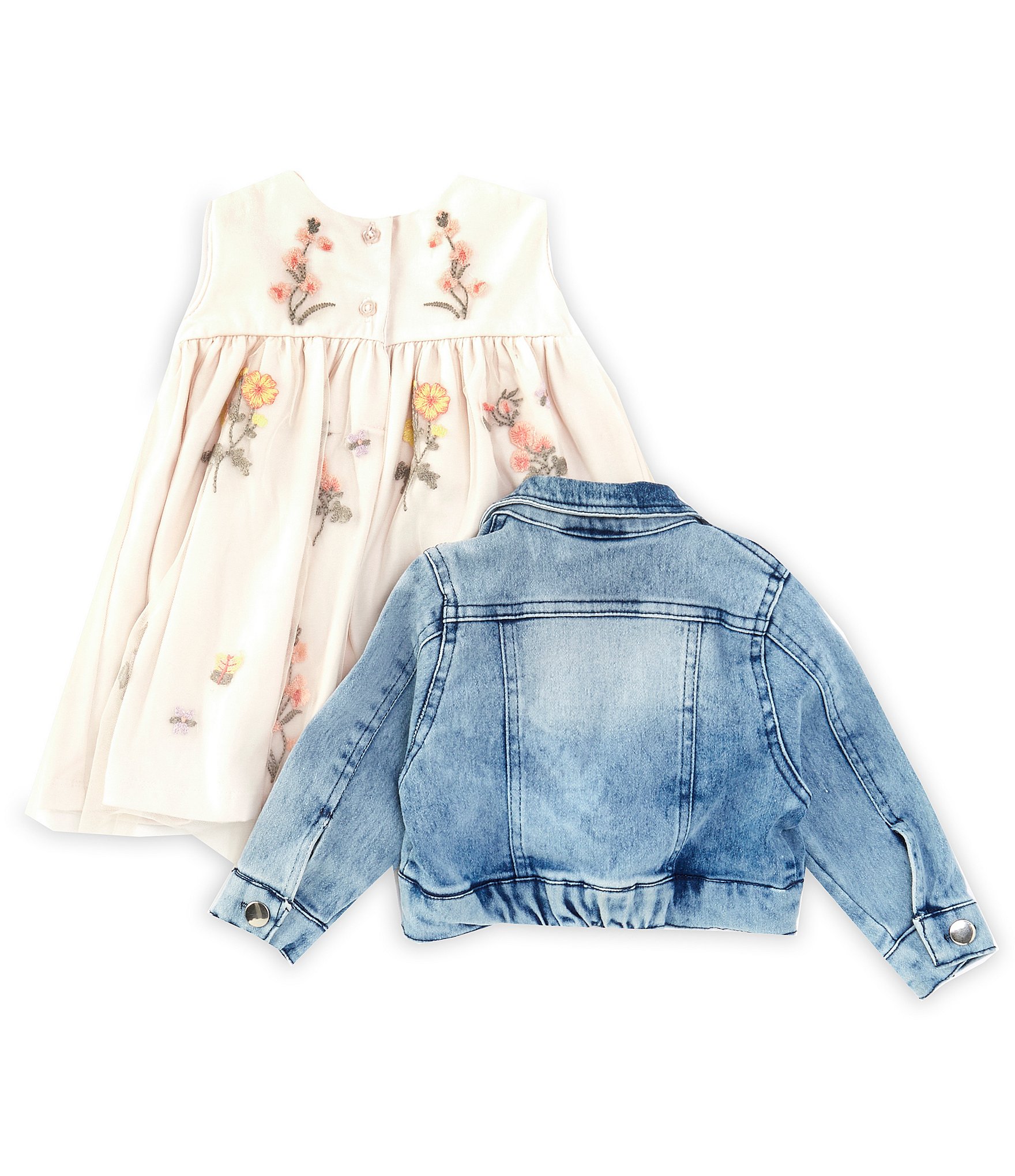 Bonnie Jean Baby Girls Newborn-24 Months Long Sleeve Denim Jacket & Embroidered Fit & Flare Mesh Dress Set