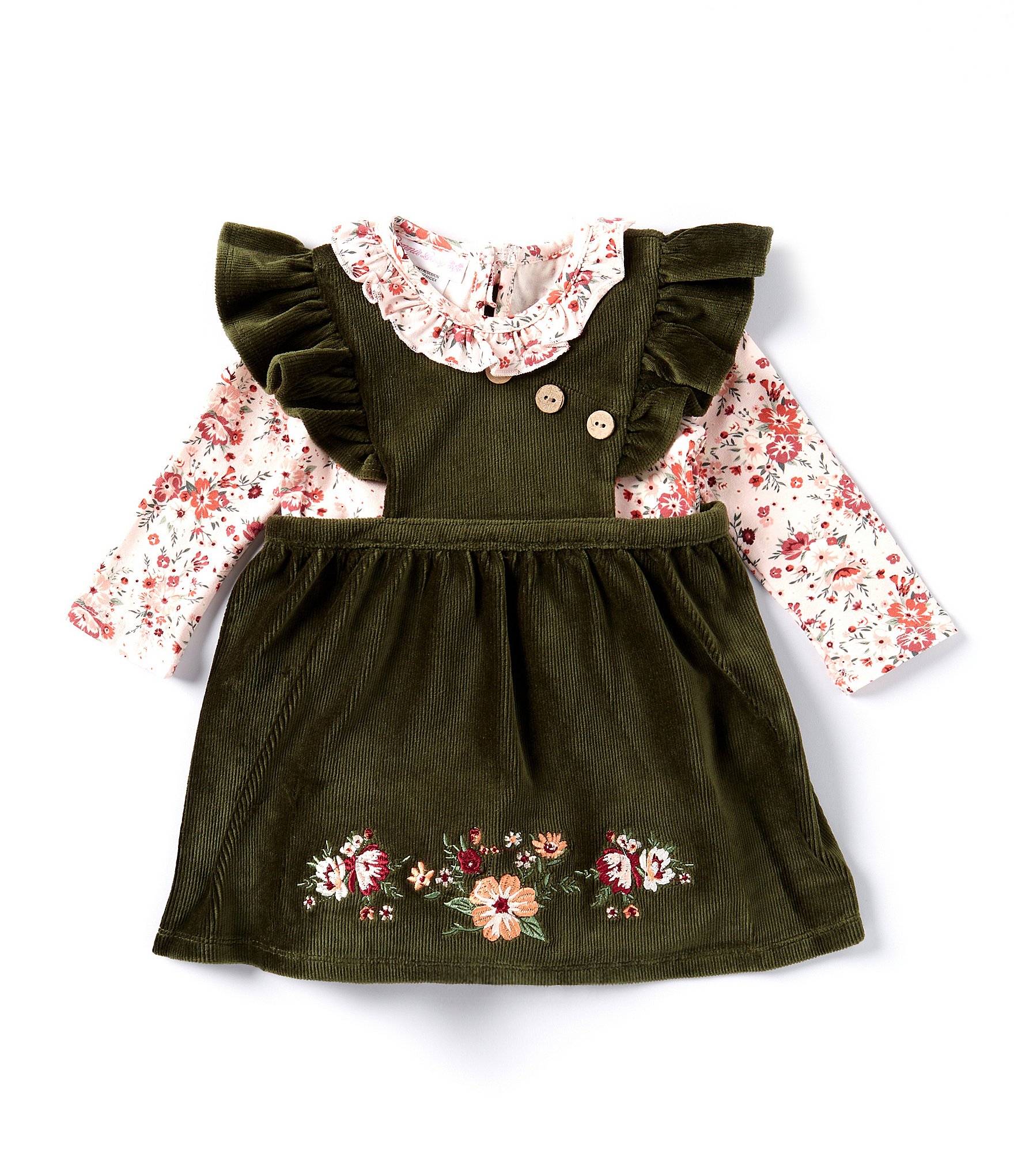 Bonnie Jean Baby Girls Newborn-24 Months Flutter-Sleeve Floral-Embroidered Jumper Dress & Long-Sleeve Ditsy-Floral Bodysuit Set