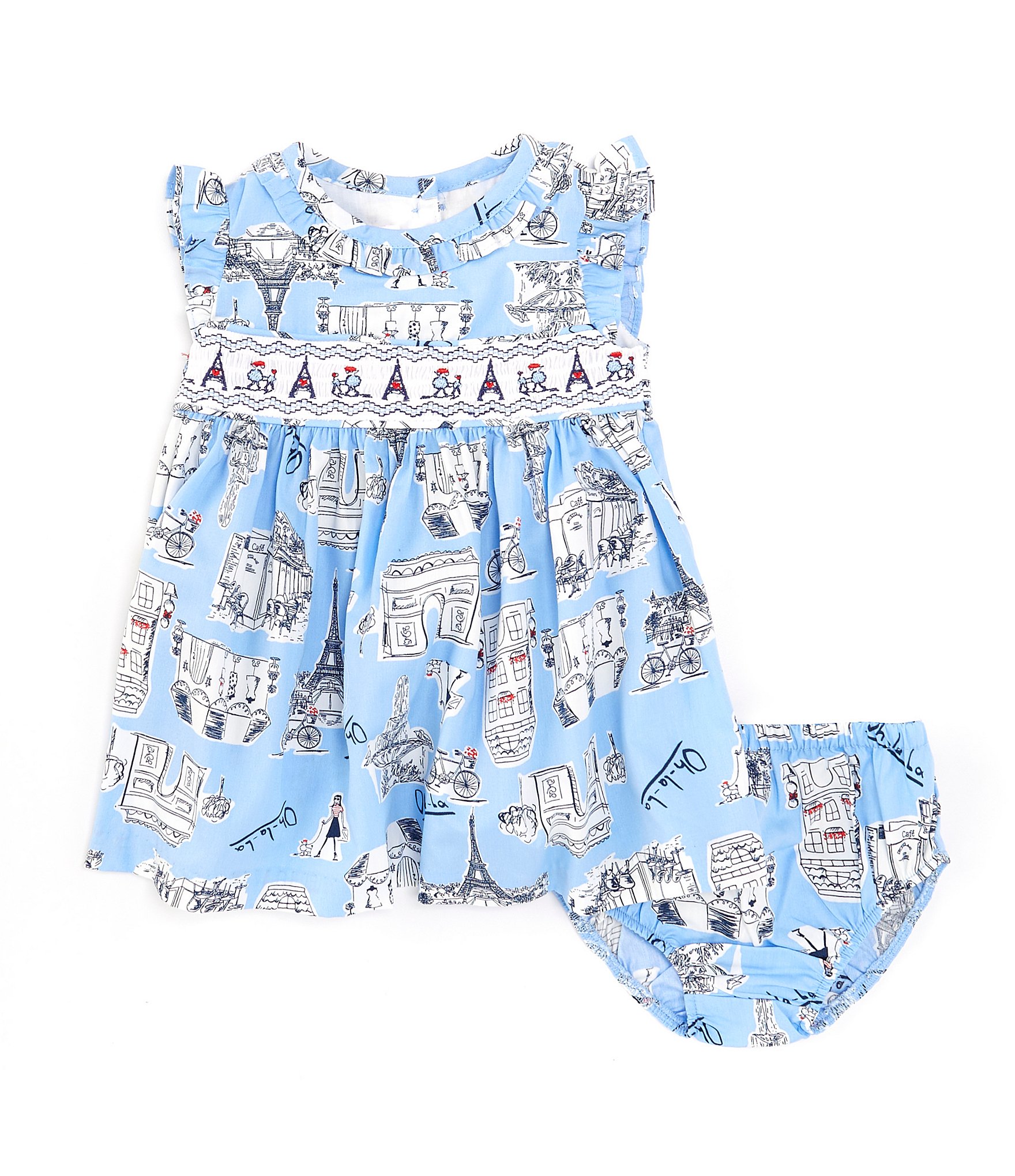 Bonnie Jean Baby Girls Newborn-24 Months Flutter-Sleeve Paris-Themed-Print Fit-And-Flare Poplin Dress