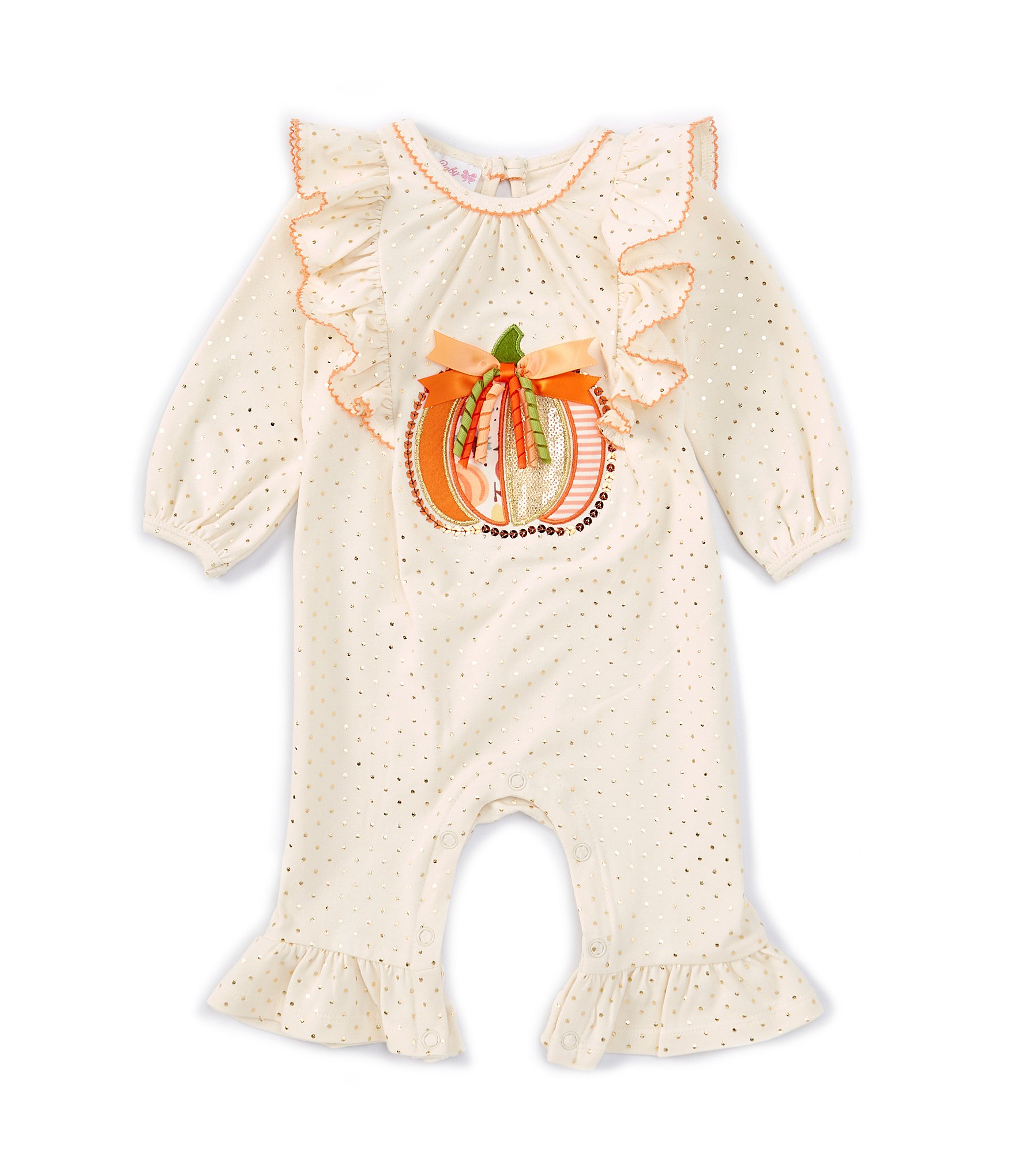 Bonnie Jean Baby Girls Newborn-24 Months Long Sleeve Pumpkin-Appliqued Foiled-Pin Dotted Knit Coverall