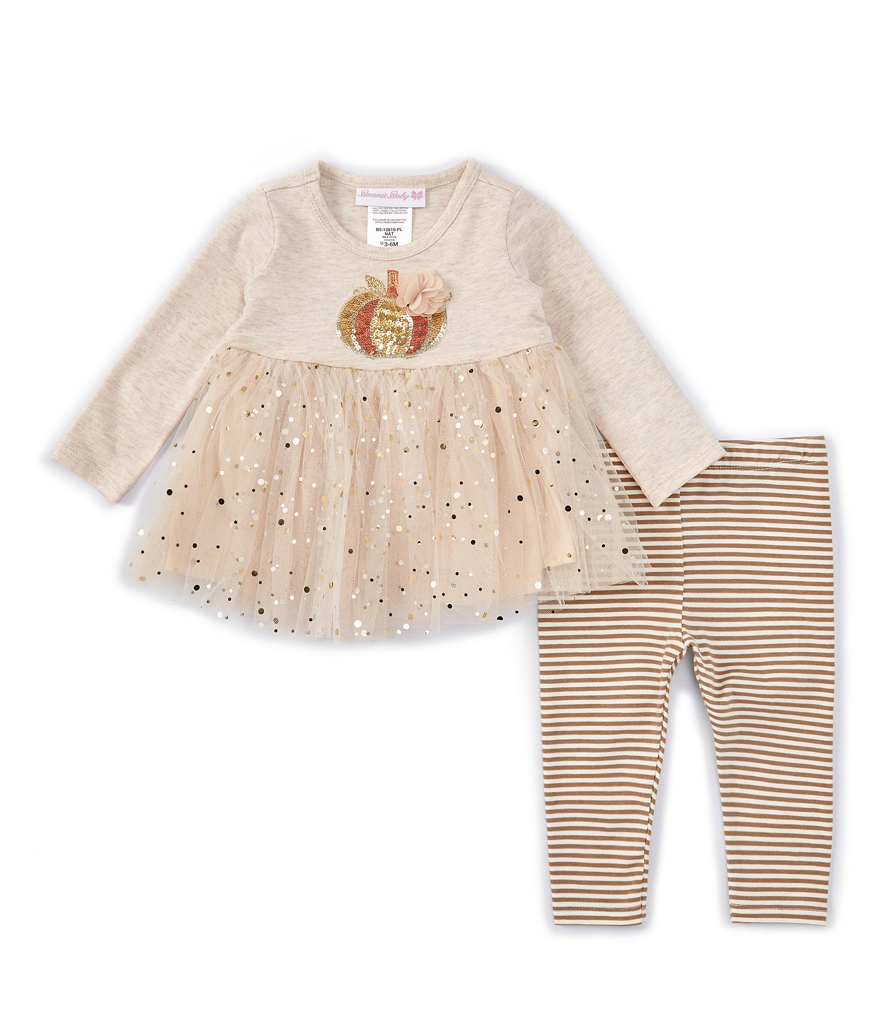 Bonnie Jean Baby Girls Newborn-24 Months Sequin-Embellished-Pumpkin-Applique Fit-And-Flare Dress & Striped Leggings Set