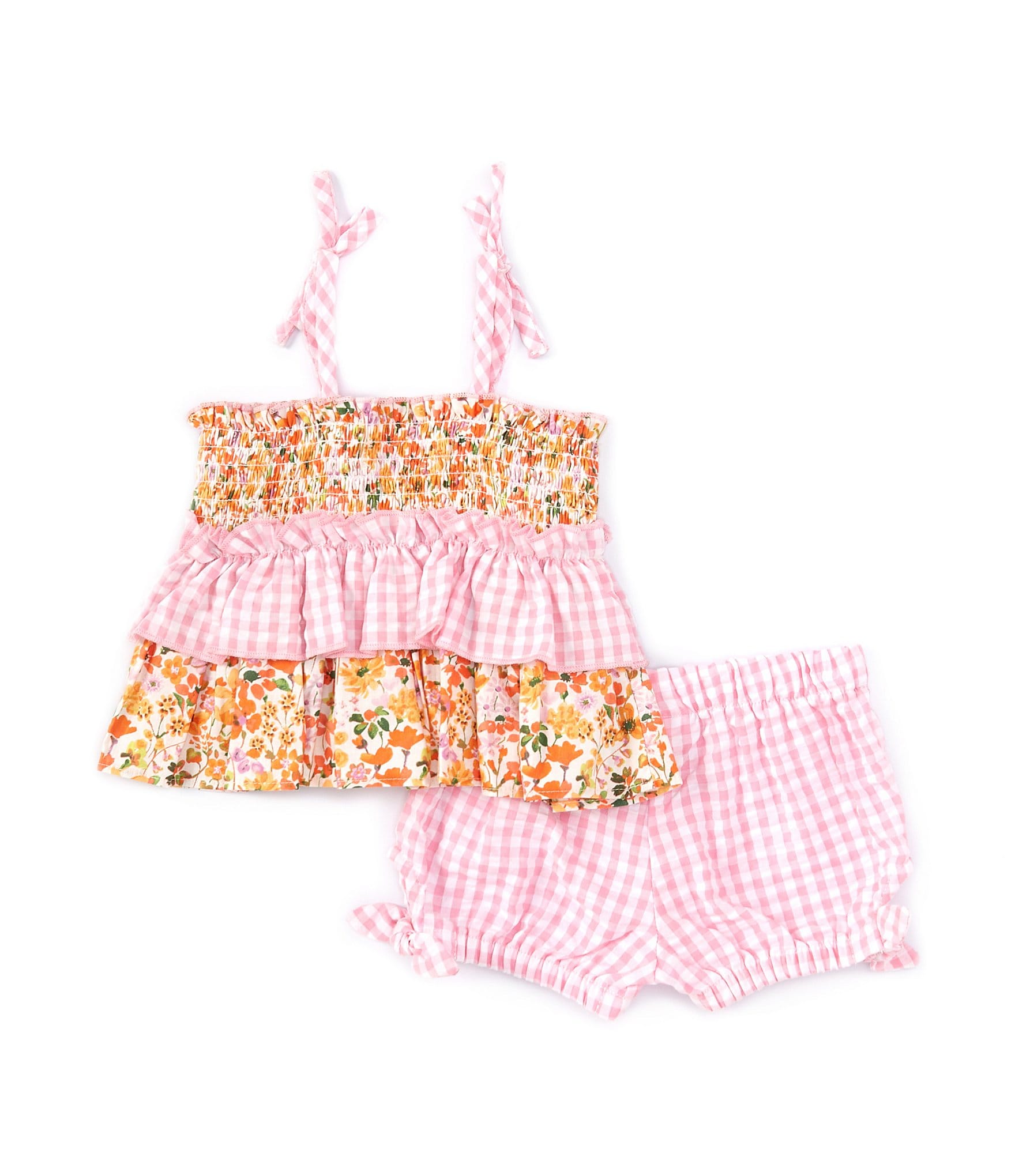 Bonnie Jean Baby Girls Newborn-24 Months Sleeveless Mixed-Media Ruffle-Tier Tank Top & Checked Shorts Set