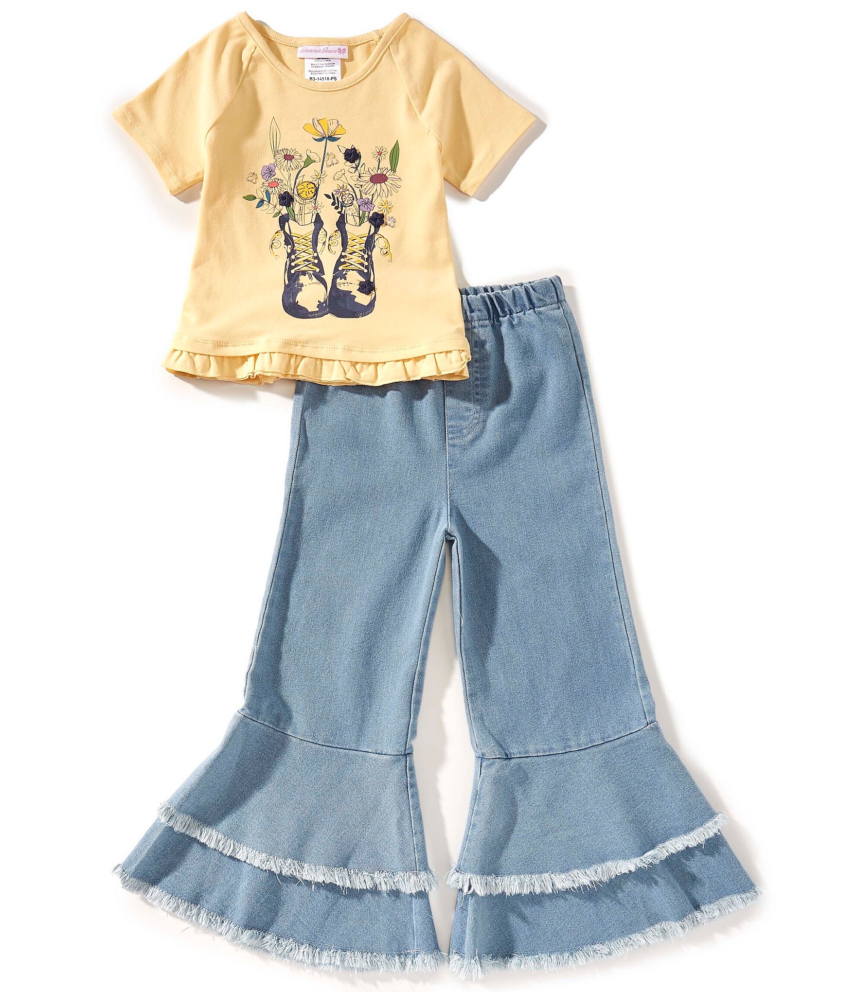 Bonnie Jean Little Girls Short-Sleeve Screenprinted Knit T-Shirt & Denim-Look Knit Pant Set