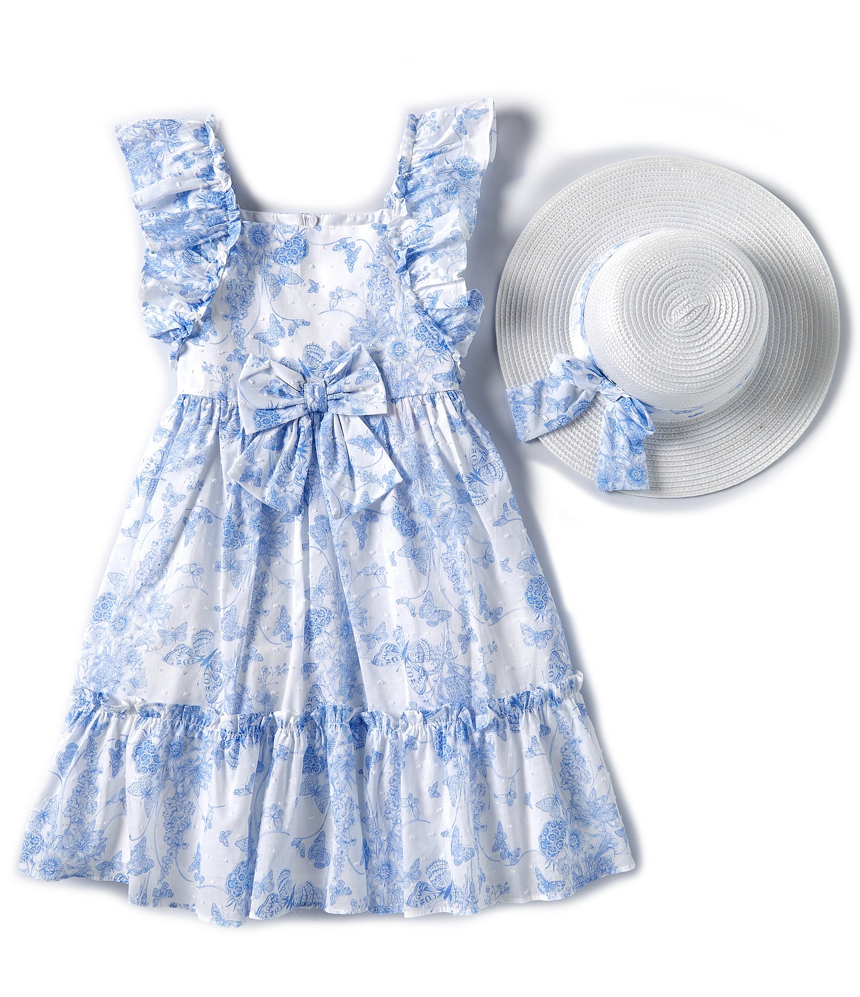 Bonnie Jean Big Girls 7-16 Double Ruffle Sleeve Toile Dress With Matching Hat