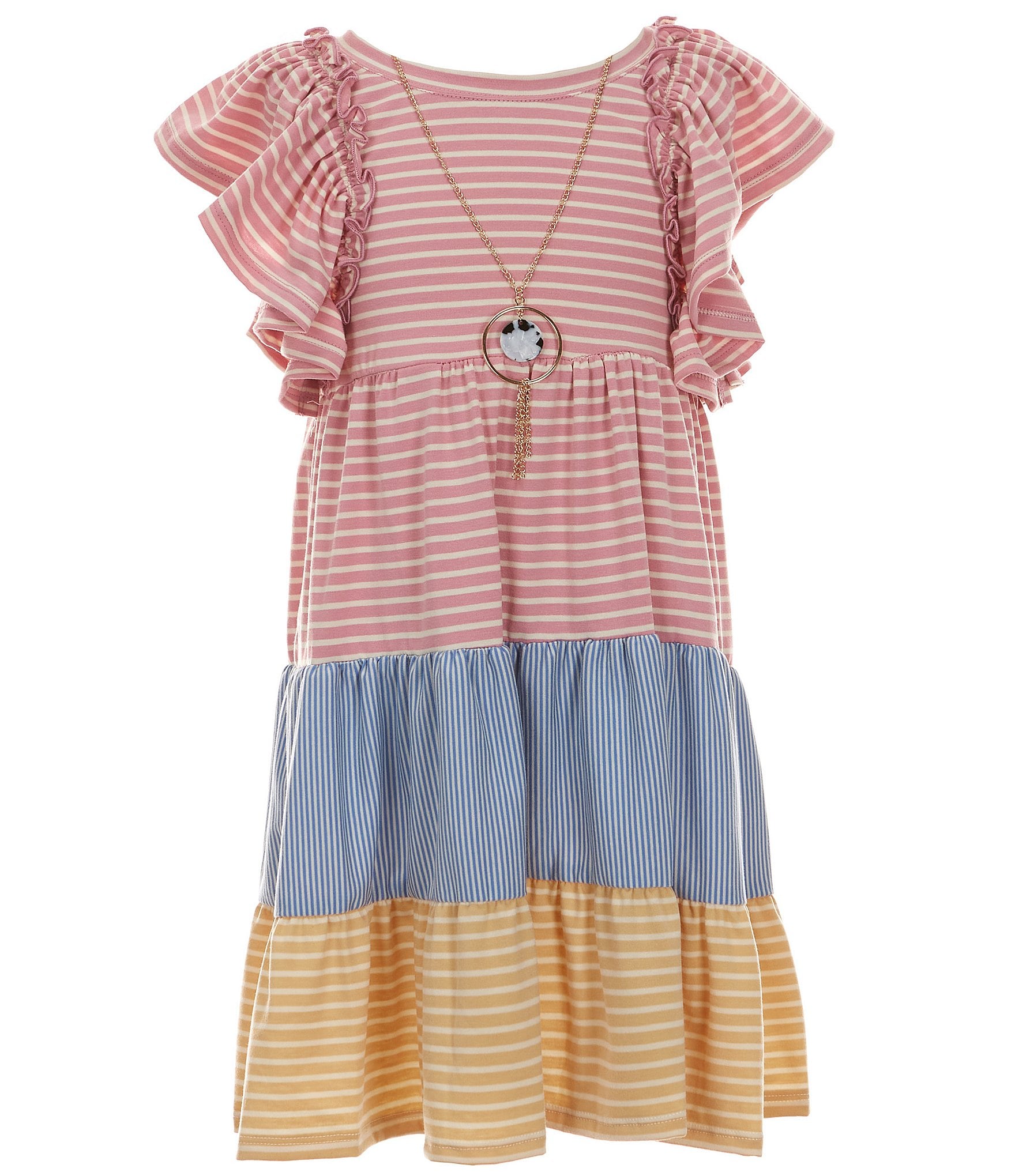 Bonnie Jean Big Girls 7-16 Flutter Sleeve Mixed Media Stripe/Color Block Fit & Flare Dress