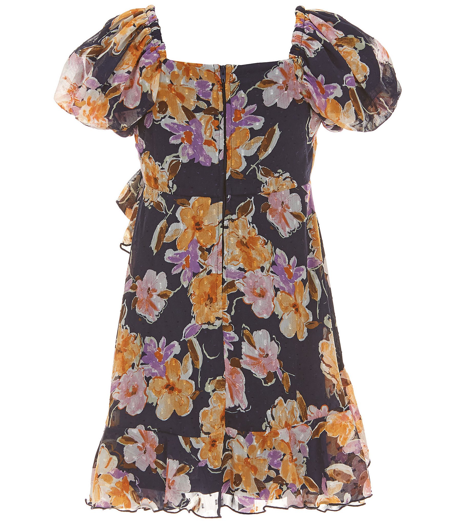 Bonnie Jean Big Girls 7-16 Puffed Sleeve Floral Asymmetrical Faux Wrap Chiffon Dress