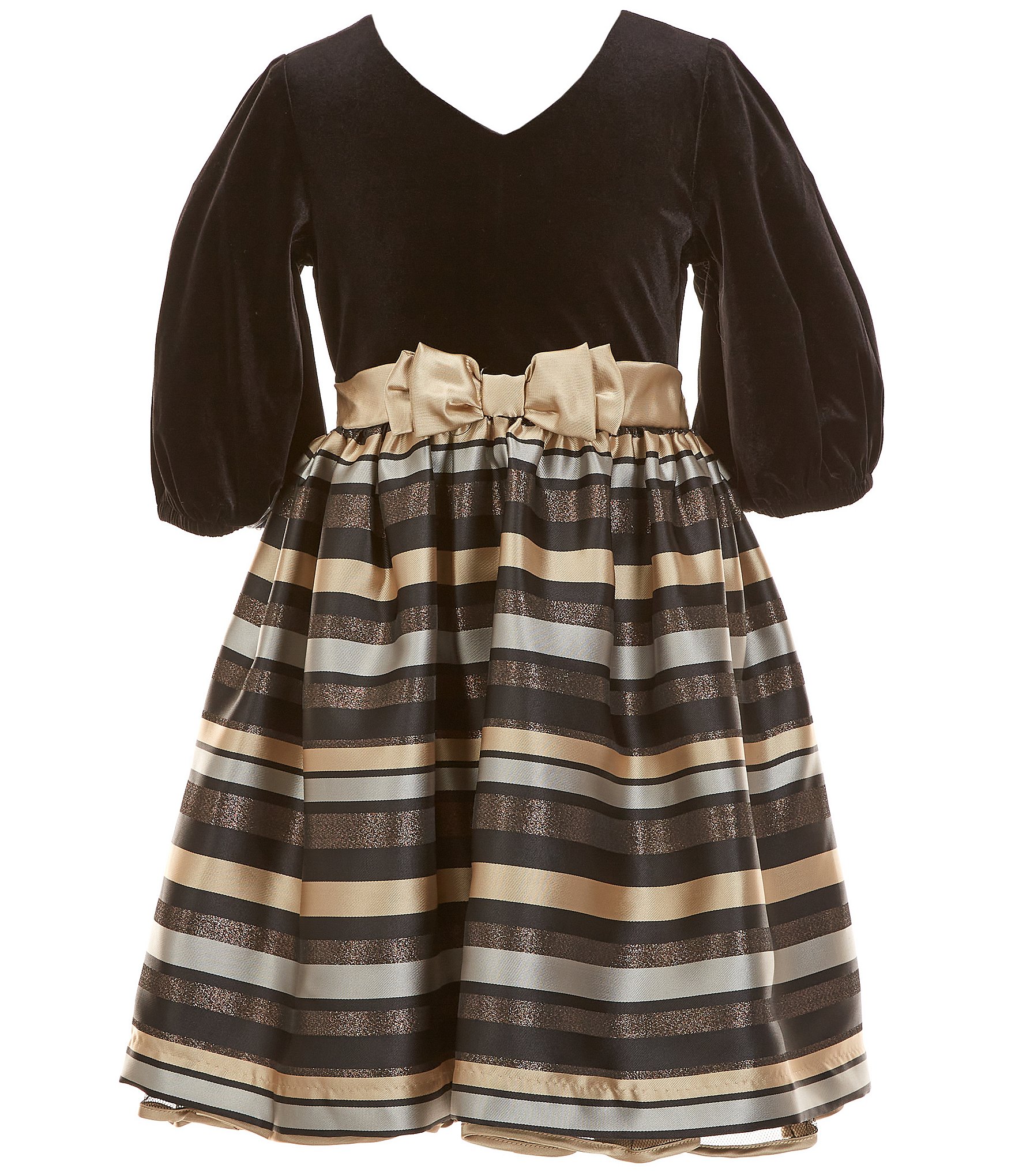 Girls Jean Big Dress | Jacquard Solid/Striped 7-16 Bonnie Dillard\'s Puffed-Sleeve