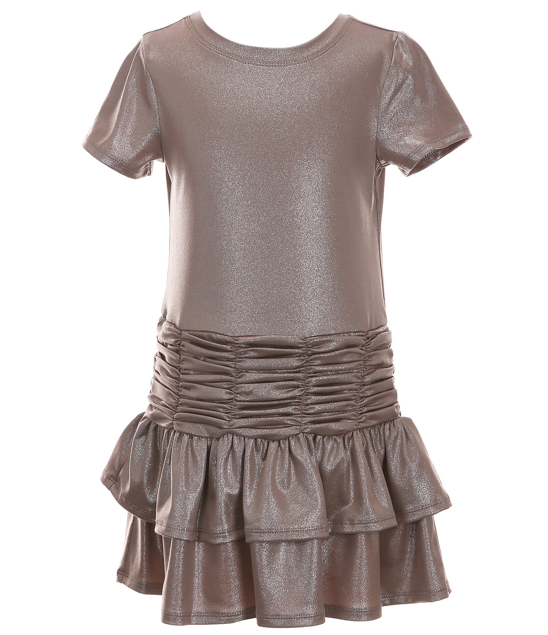 Bonnie Jean Big Girls 7-16 Short-Sleeve Shirred-Waist Foiled-Knit Tiered Dress