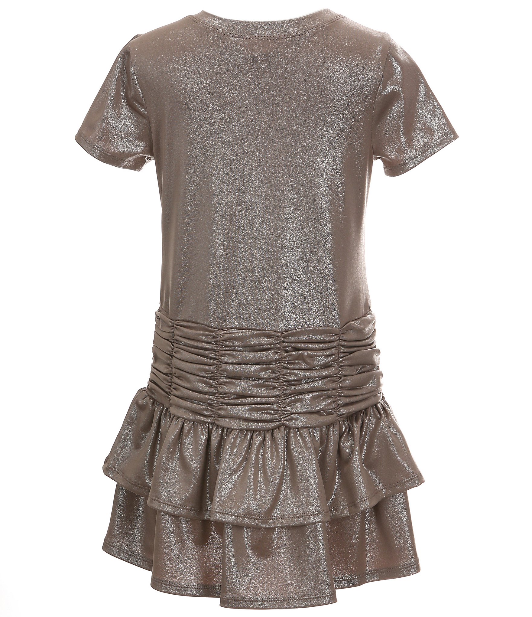 Bonnie Jean Big Girls 7-16 Short-Sleeve Shirred-Waist Foiled-Knit Tiered Dress