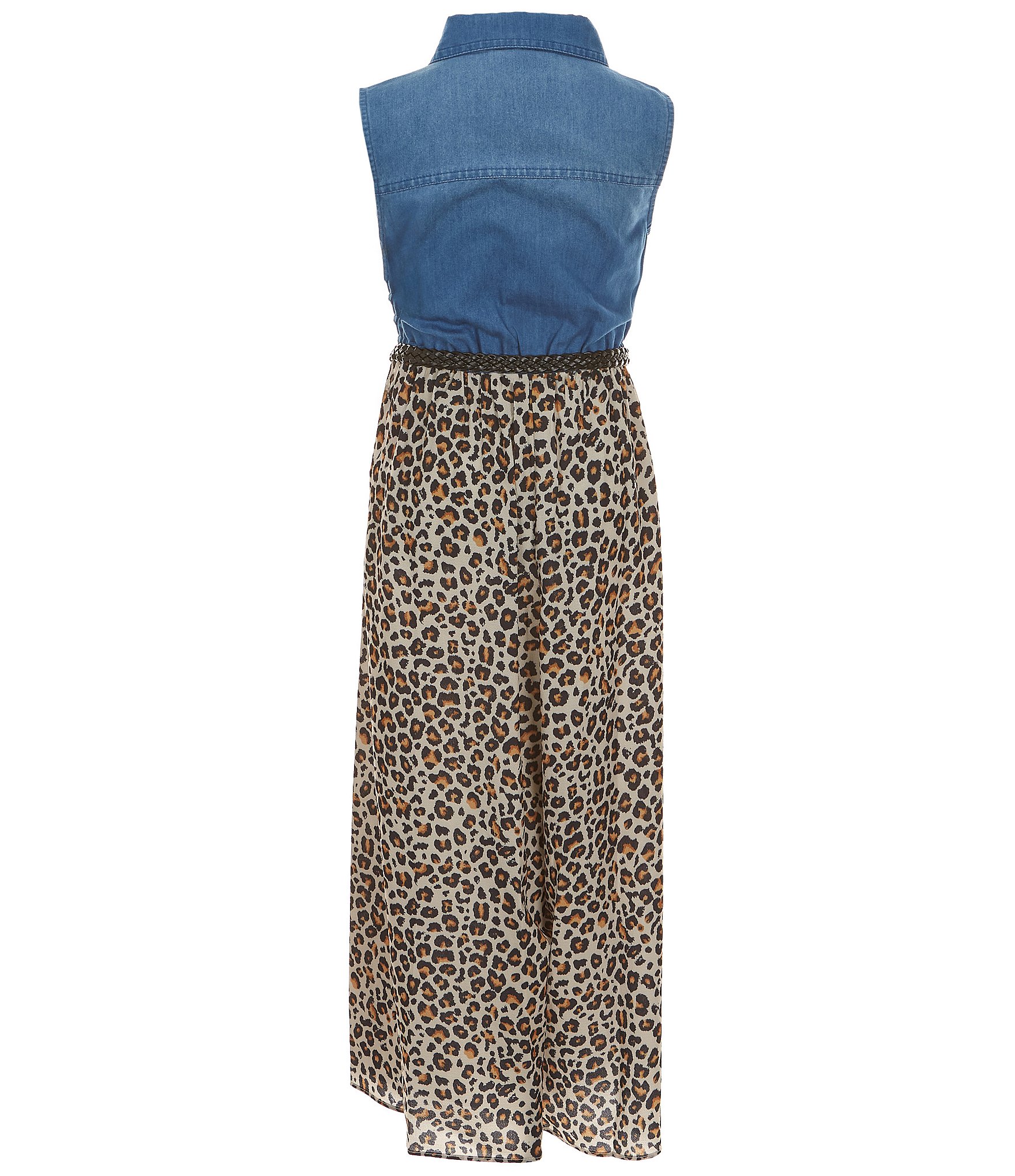 Bonnie Jean Big Girls 7-16 Sleeveless Denim/Animal Print Jumpsuit