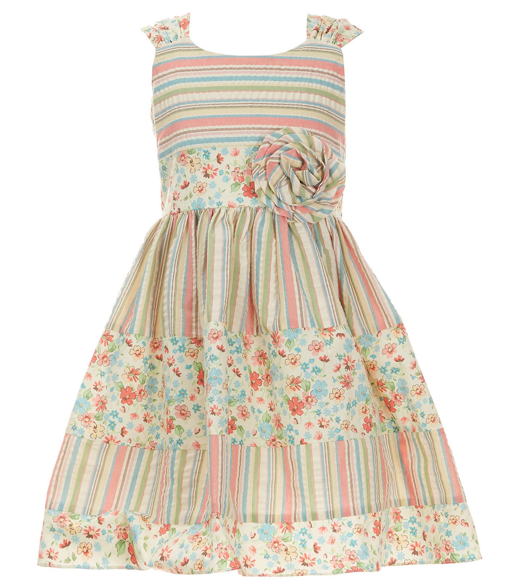 Bonnie Jean Big Girls 7-16 Sleeveless Striped/Floral Mixed-Media Dress