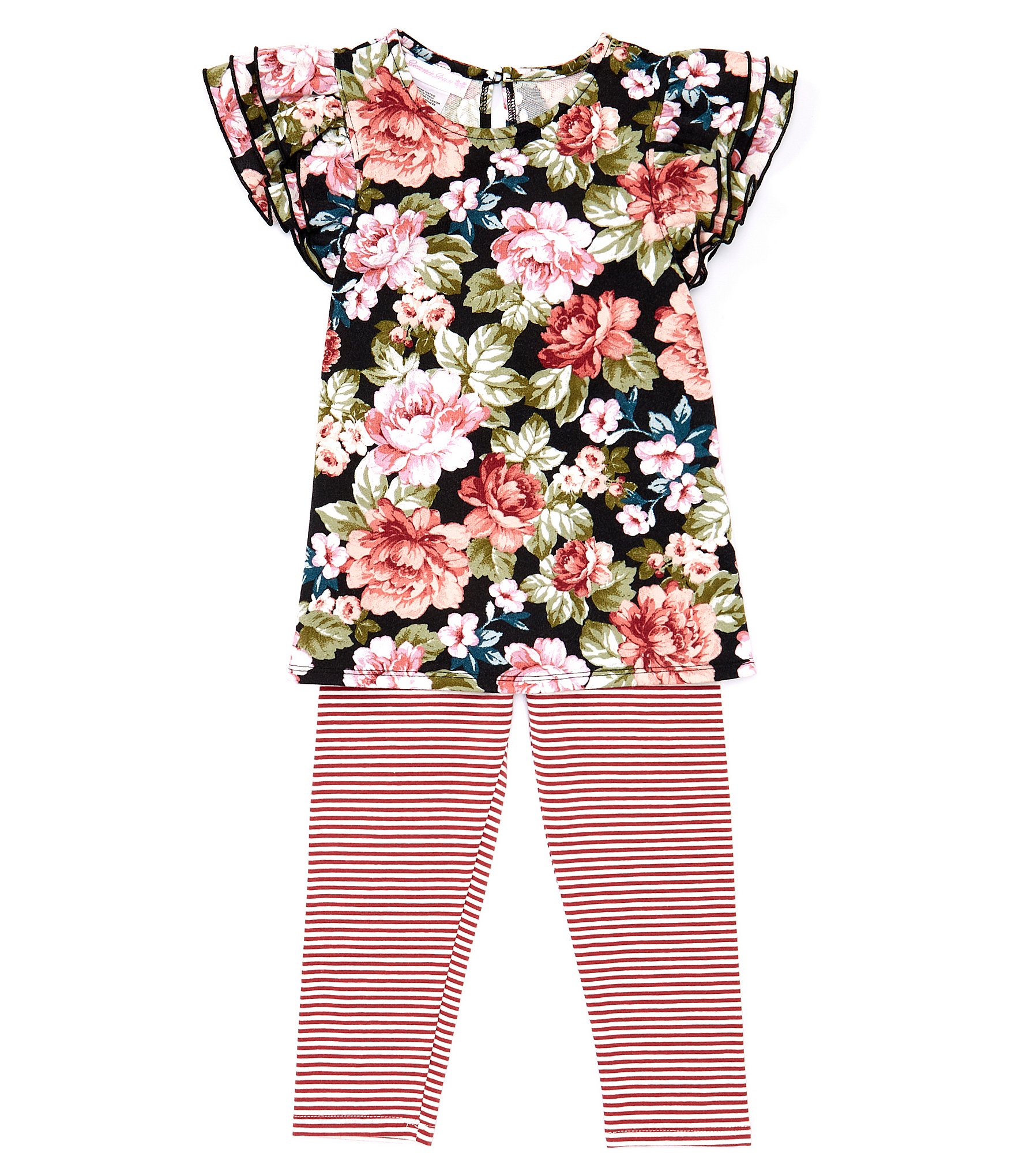 Bonnie Jean Little Girls 2T-6X Floral Print Triple Ruffle Short Sleeve & Stripe Legging 2-Piece Set