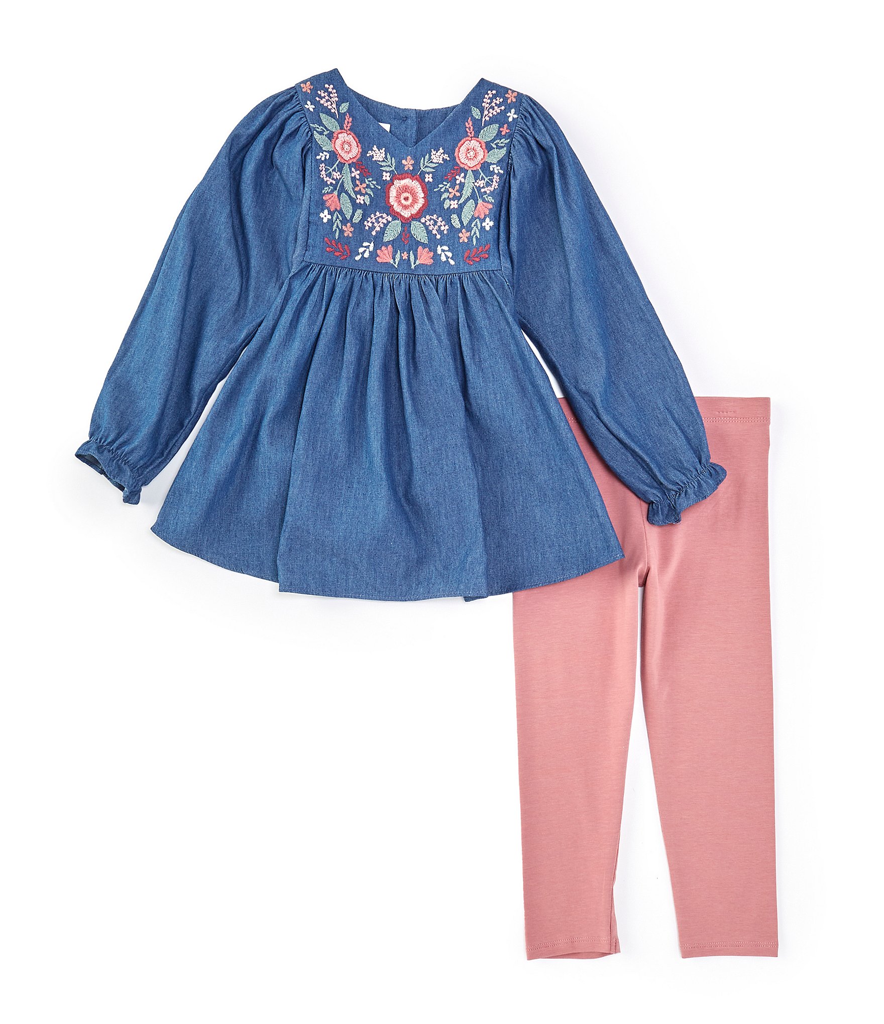 Bonnie Jean Little Girls 2T-6X Long-Sleeve Embroidered-Yoke Denim Fit-And-Flare Dress & Solid Rib-Knit Leggings Set