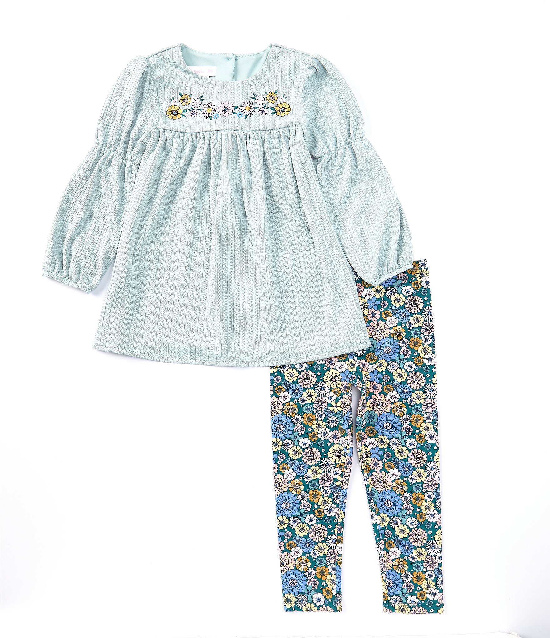 Bonnie Jean Little Girls 2T-6X Long Sleeve Embroidered-Yoke Empire-Waist Textured-Knit Dress & Floral-Printed Knit Leggings Set