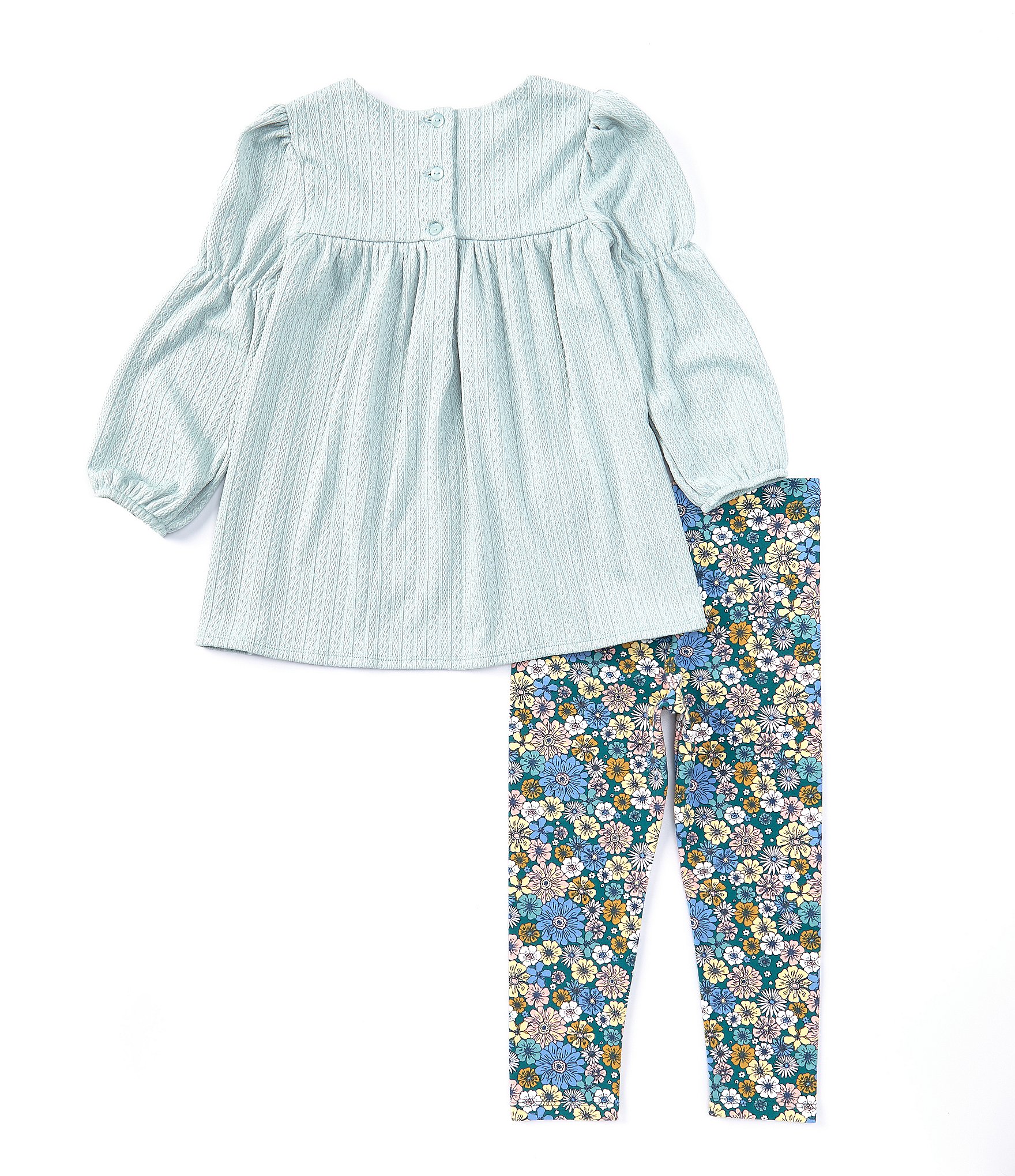 Bonnie Jean Little Girls 2T-6X Long Sleeve Embroidered-Yoke Empire-Waist Textured-Knit Dress & Floral-Printed Knit Leggings Set