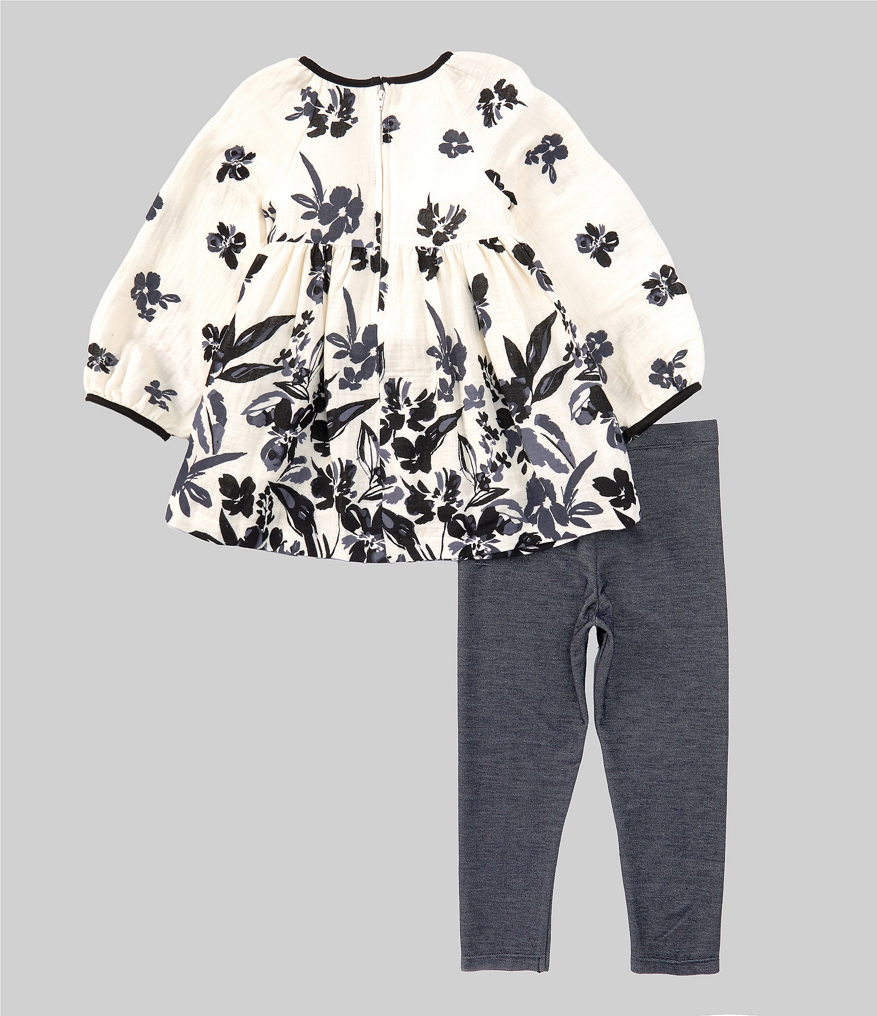 Bonnie Jean Little Girls 2T-6X Long Sleeve Floral-Border-Printed Gauze Top & Denim-Look Knit Leggings Set