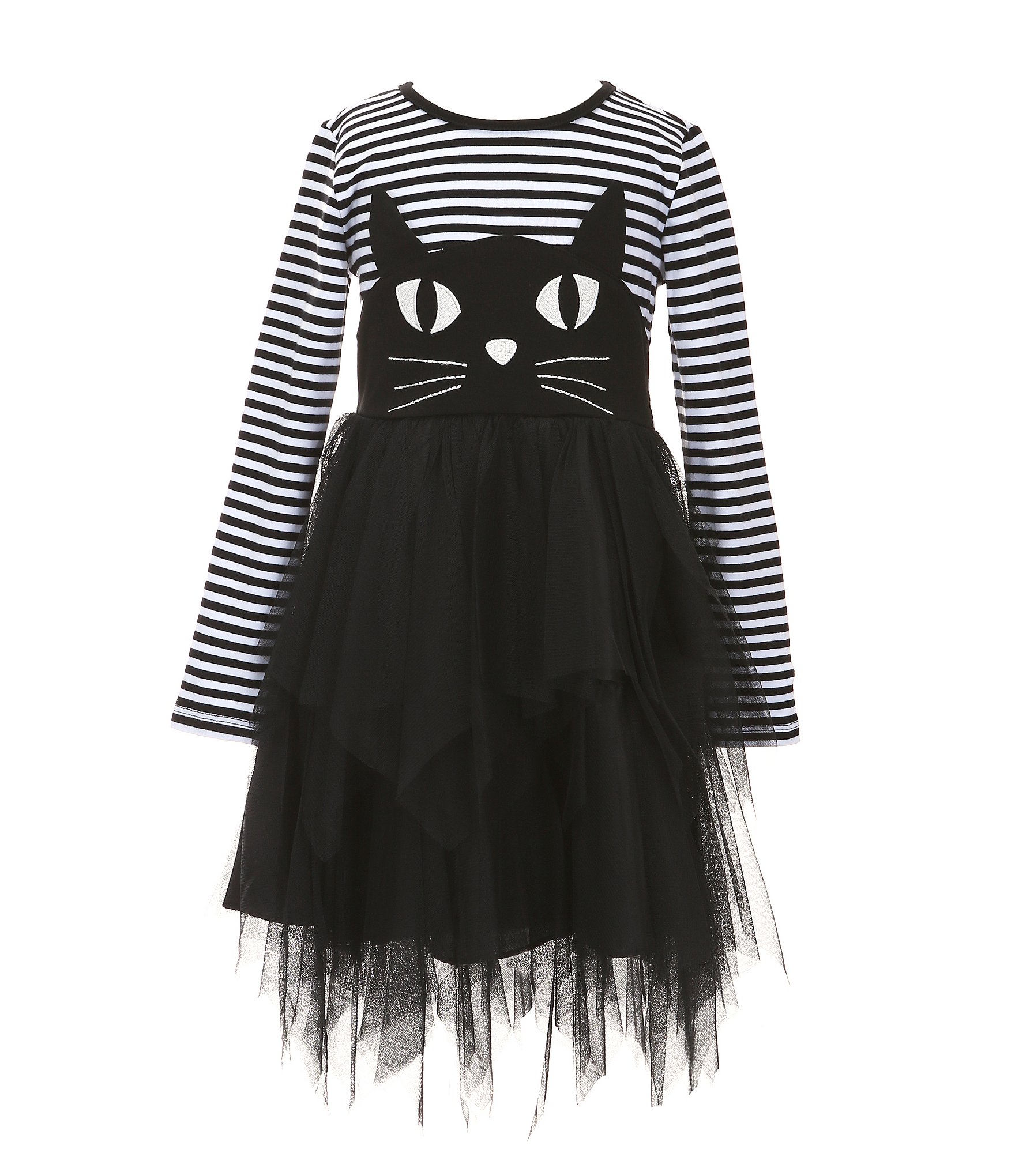 Bonnie Jean Little Girls 2T-6X Long-Sleeve Halloween Cat Face Striped Knit/Mesh-Tutu-Skirted Dress