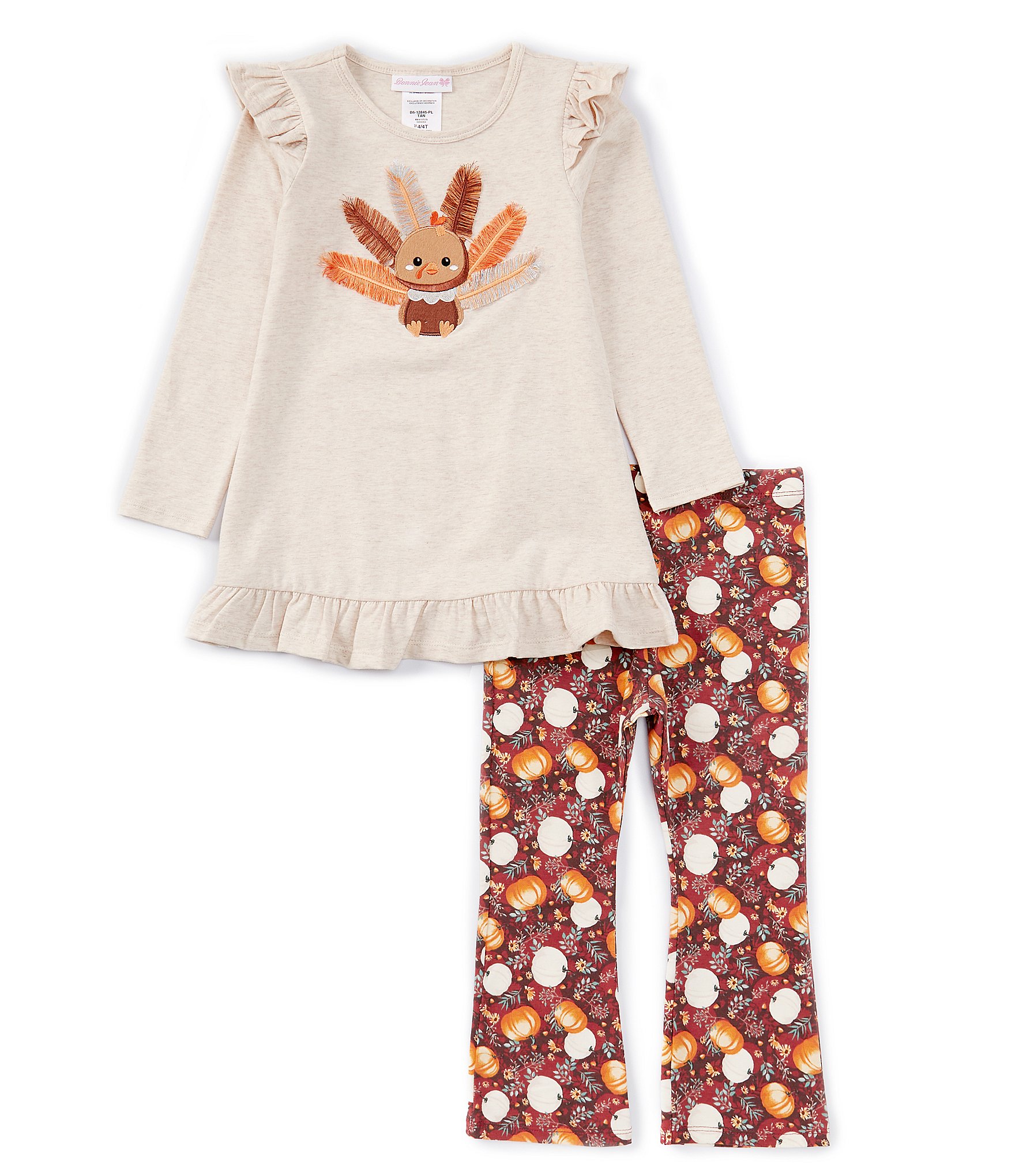 Bonnie Jean Little Girls 2T-6X Long Sleeve Thanksgiving Turkey Top & Pumpkin-Printed Leggings Set