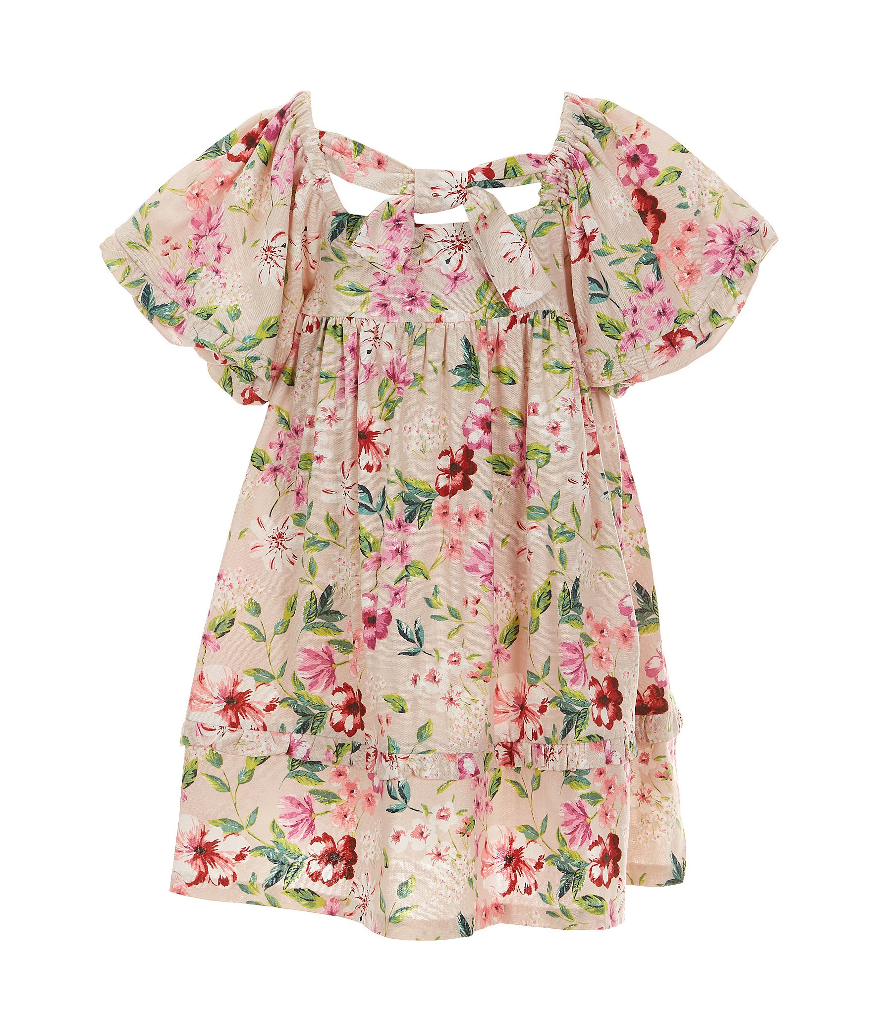 Bonnie Jean Little Girls 2T-6X Puffed-Sleeve Floral-Printed Empire-Waist Linen-Blend Dress