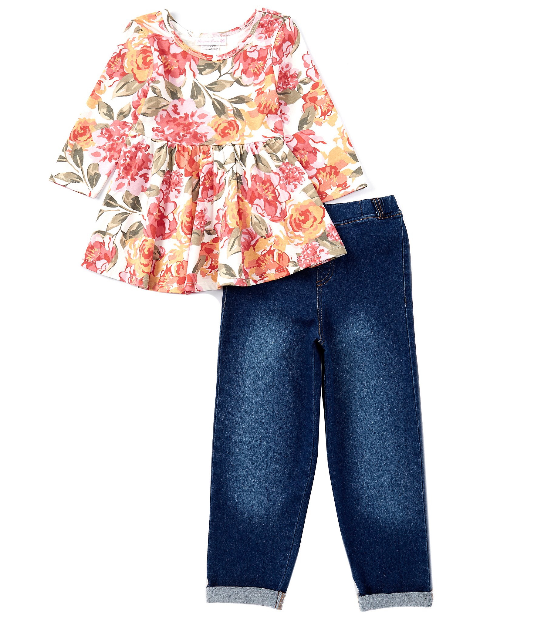 Bonnie Jean Little Girls 2T-6X Short Sleeve Floral Print Top & Roll-Up Cuff Jeans Set