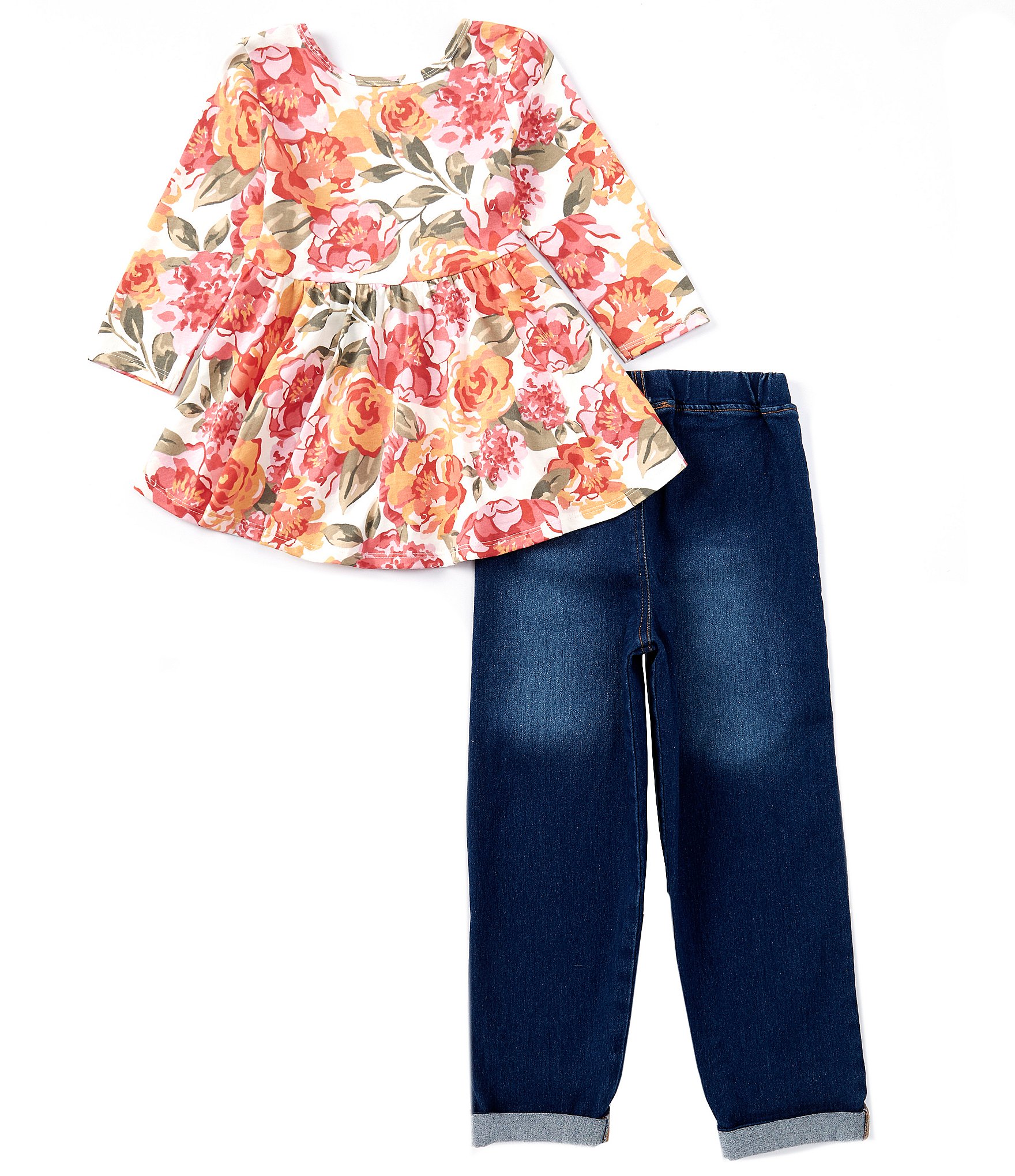 Bonnie Jean Little Girls 2T-6X Short Sleeve Floral Print Top & Roll-Up Cuff Jeans Set