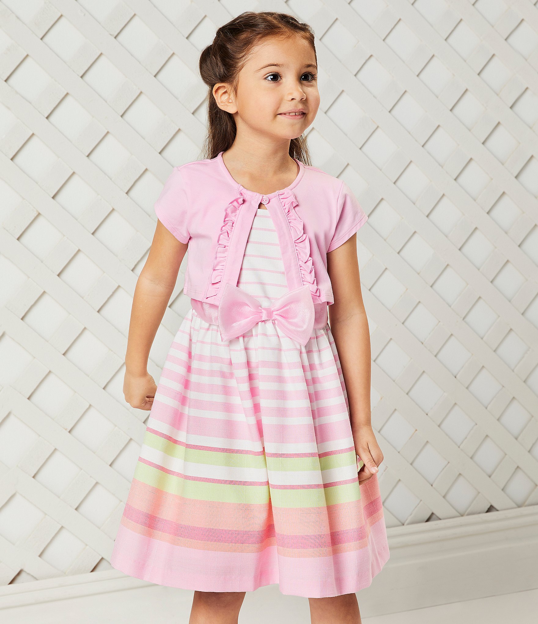 Bonnie Jean Little Girls 2T-6X Short Sleeve Solid Cardigan & Multi Stripe Dress