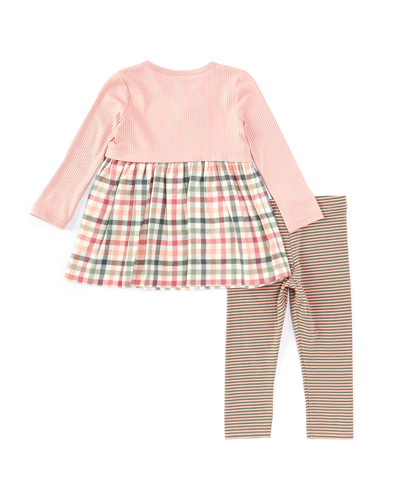 Bonnie Jean Little Girls 2T-6X Solid Metallic Rib-Knit Bodice/Buffalo-Checked Flannel-Skirted Dress & Striped Knit Leggings Set