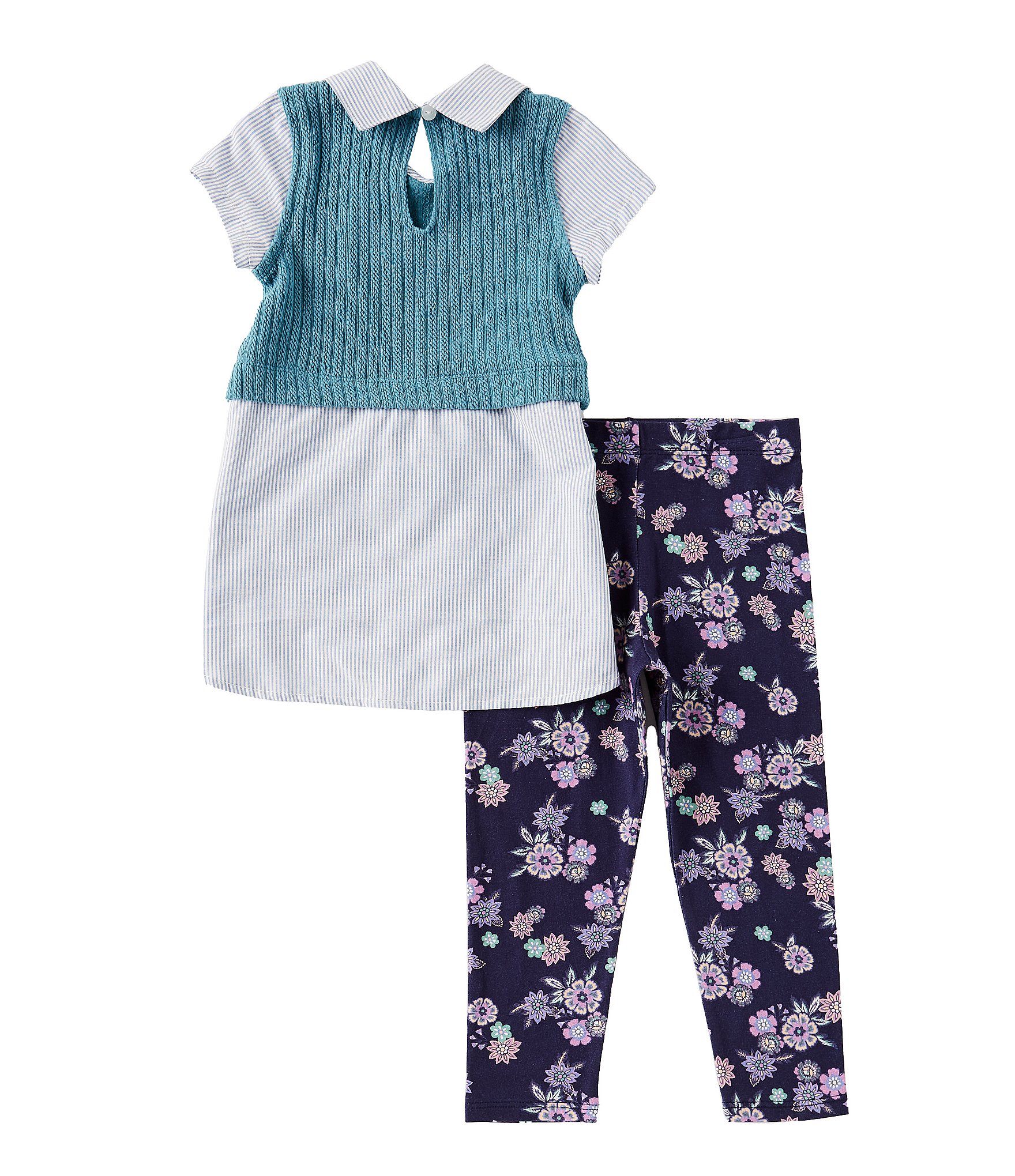 Bonnie Jean Little Girls 2T-6X Solid Sweater Vest, Short-Sleeve Pinstriped Woven Shirt & Floral-Printed Knit Leggings Set