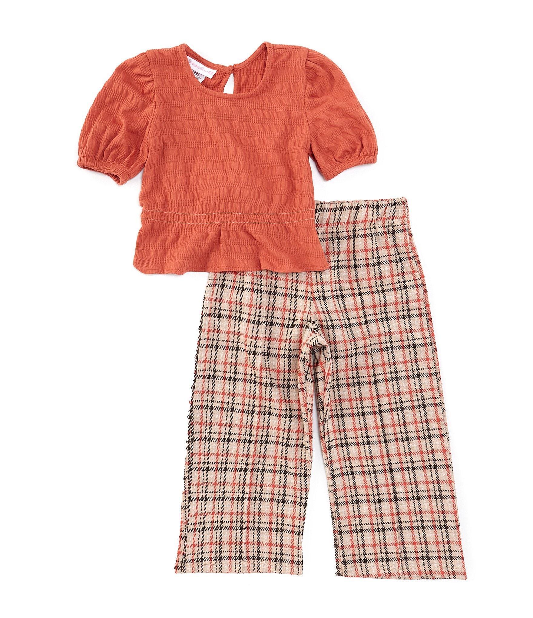 Bonnie Jean Little Girls 4-6X Puffed Sleeve Peplum Hem Top & Plaid Wide Leg Pants Set