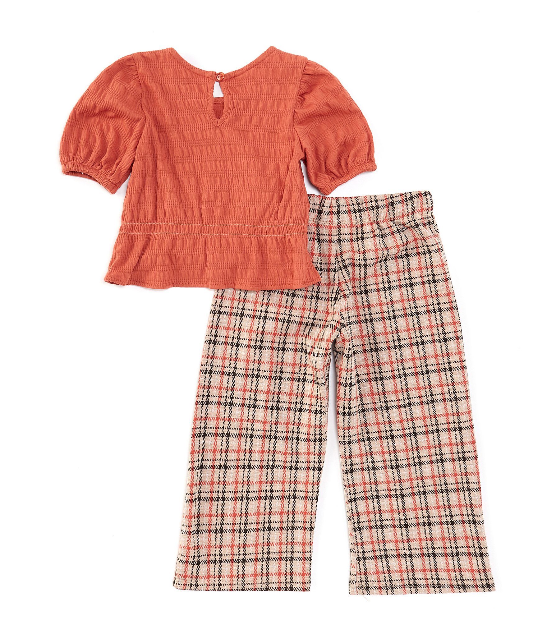 Bonnie Jean Little Girls 4-6X Puffed Sleeve Peplum Hem Top & Plaid Wide Leg Pants Set