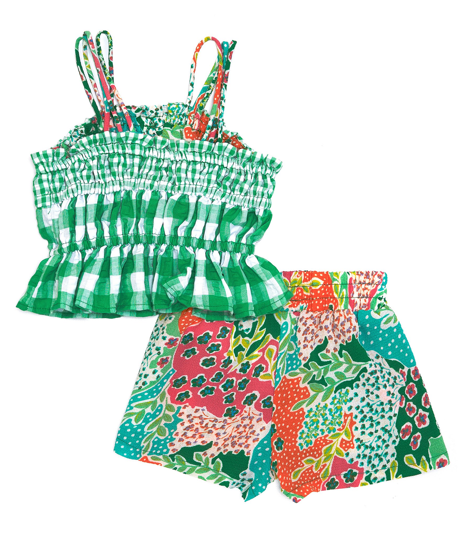 Bonnie Jean Little Girls 4-6X Sleeveless Gingham-Printed Tiered Tank Top & Mixed-Printed Shorts Set