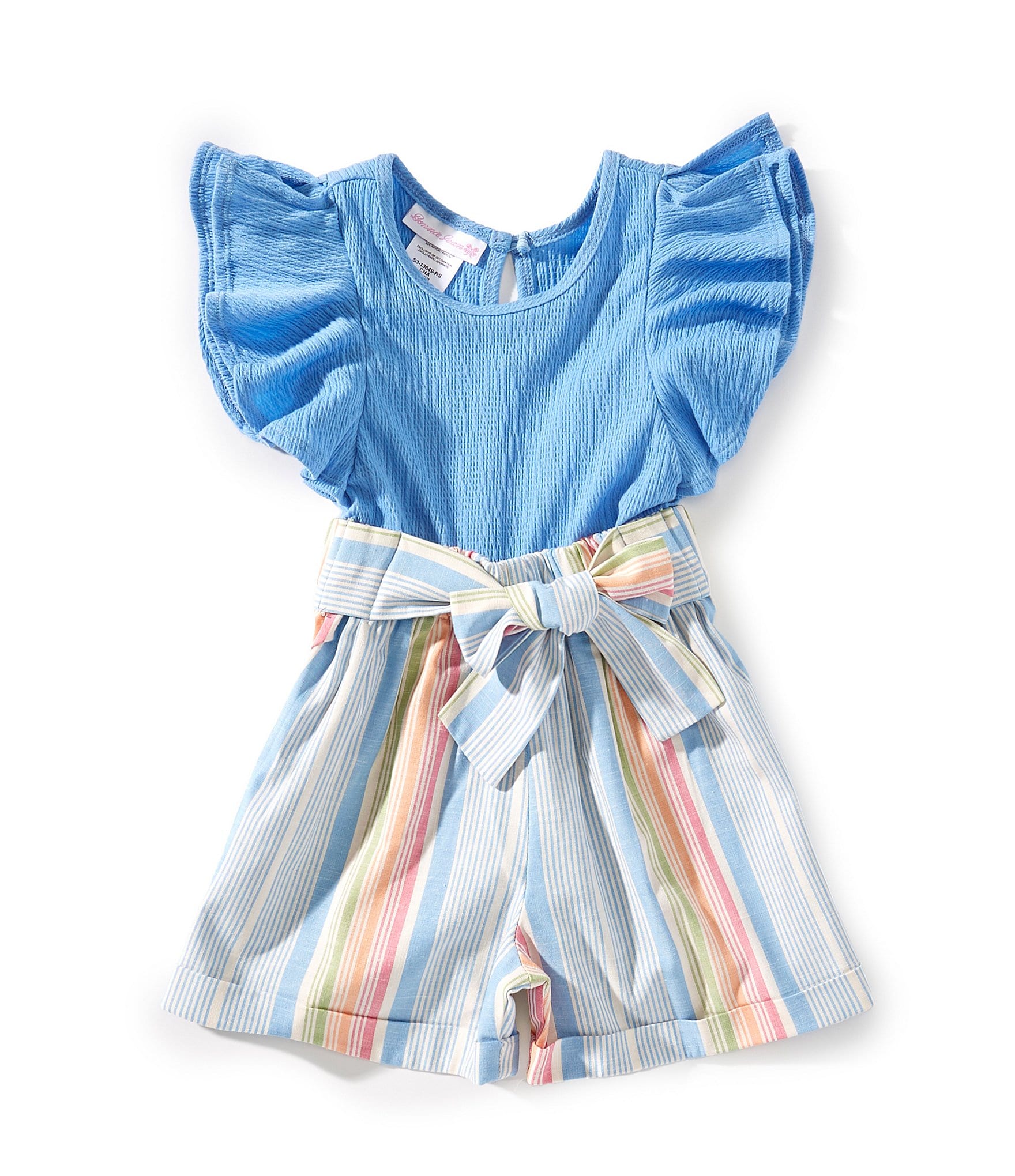 Bonnie Jean Little Girls 4-6X Striped Ruffle Sleeve Tie Front Romper