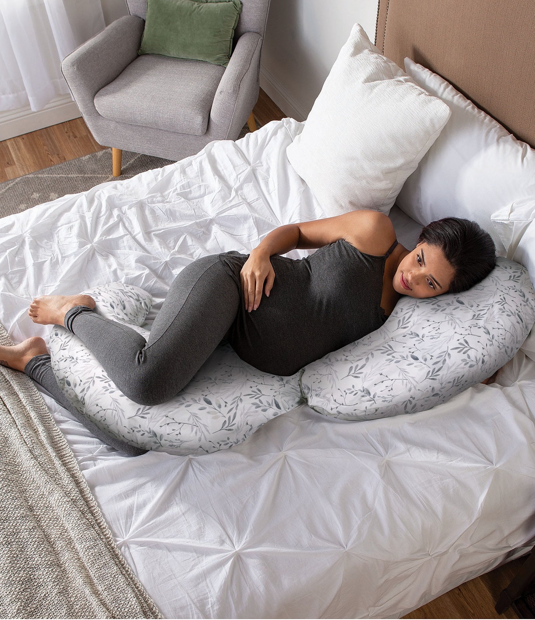 Boppy Total Body Pregnancy Pillow - Gray Scattered Leaves