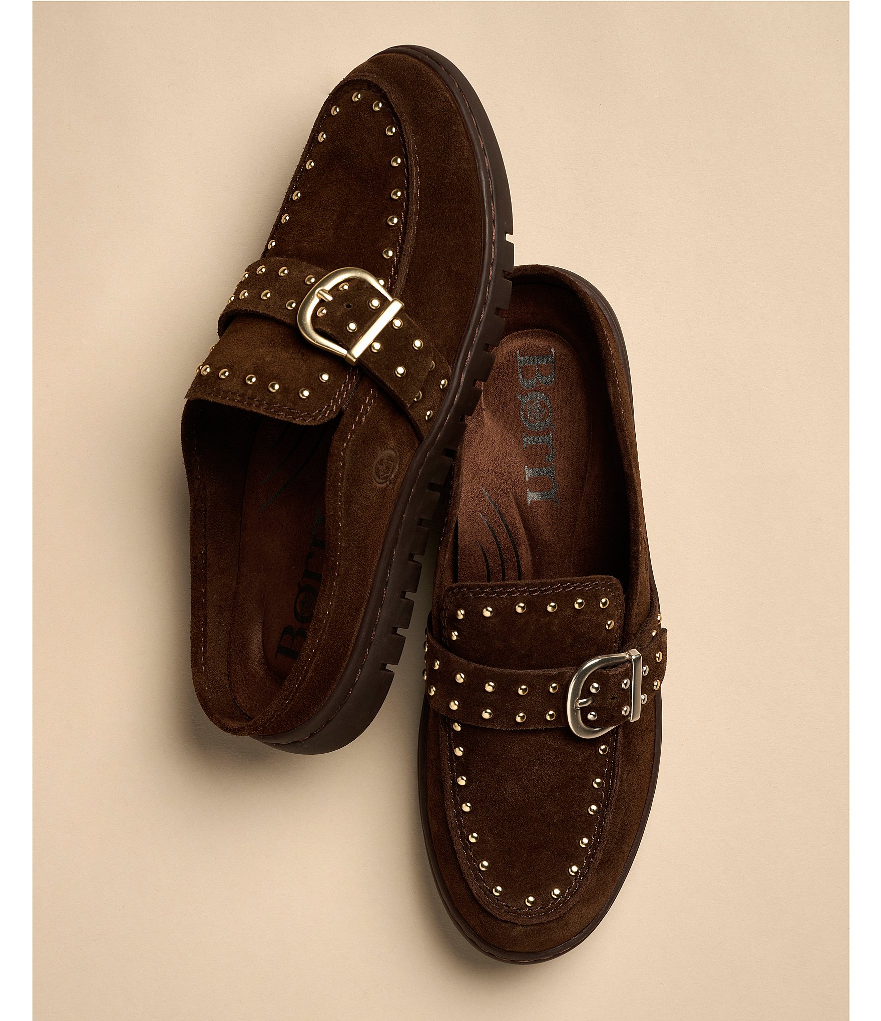 Born Alora Suede Studded Buckle Strap Loafer Mules