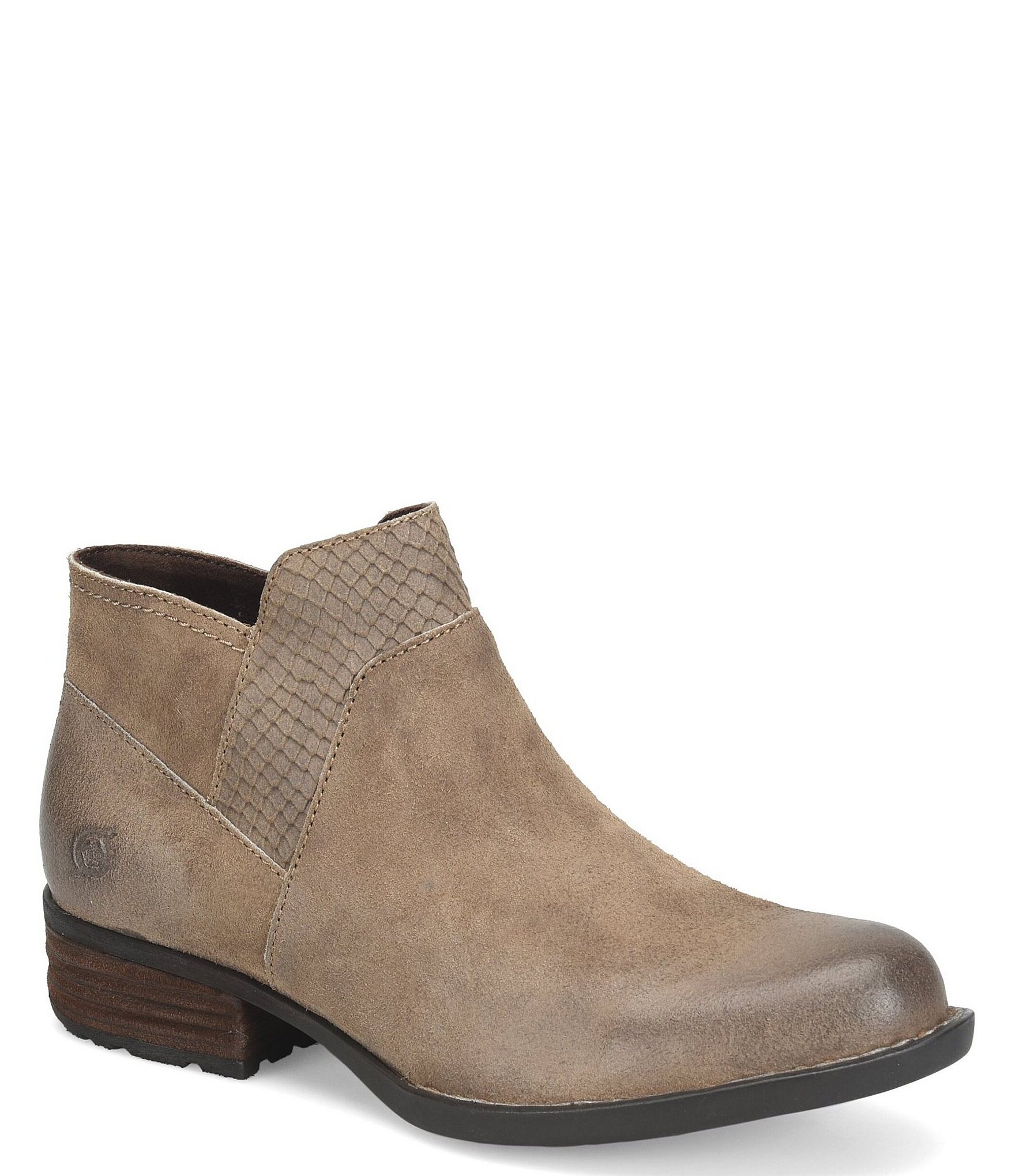 Born Kinney Burnished Suede Combo Snake Embossed Accent Ankle Booties