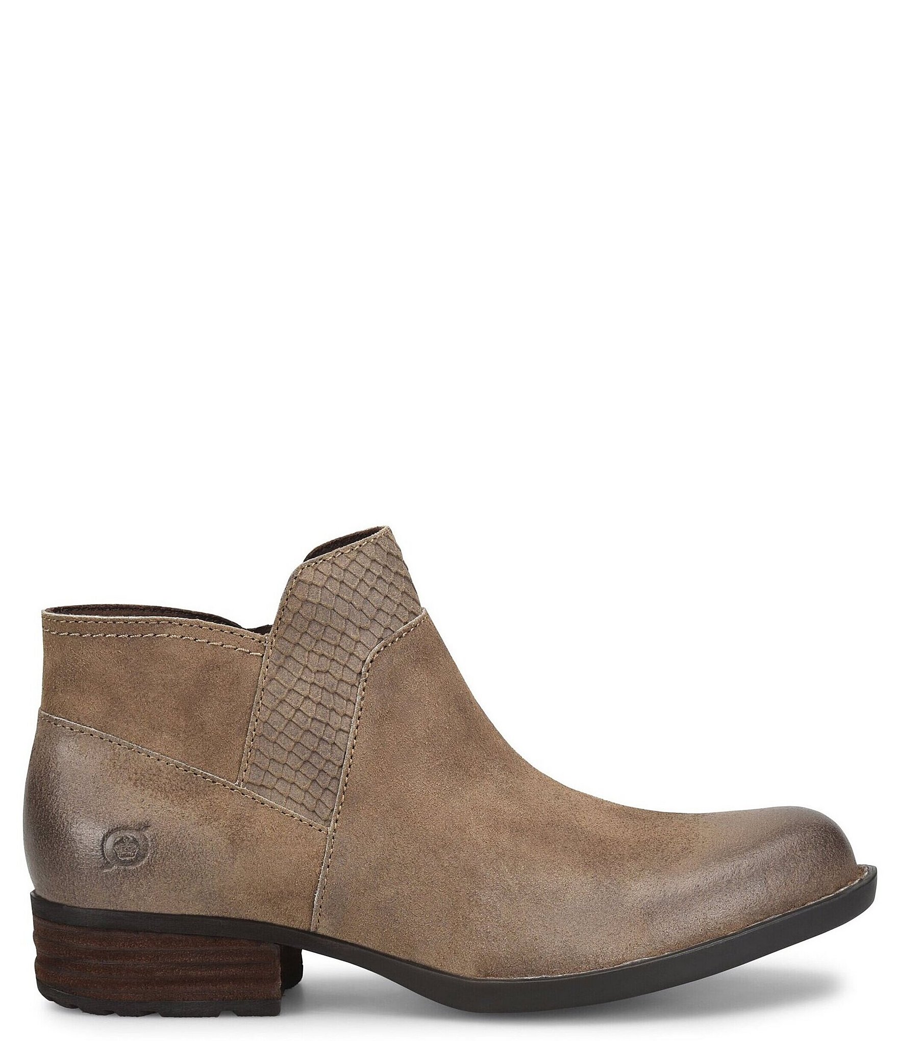 Born Kinney Burnished Suede Combo Snake Embossed Accent Ankle Booties
