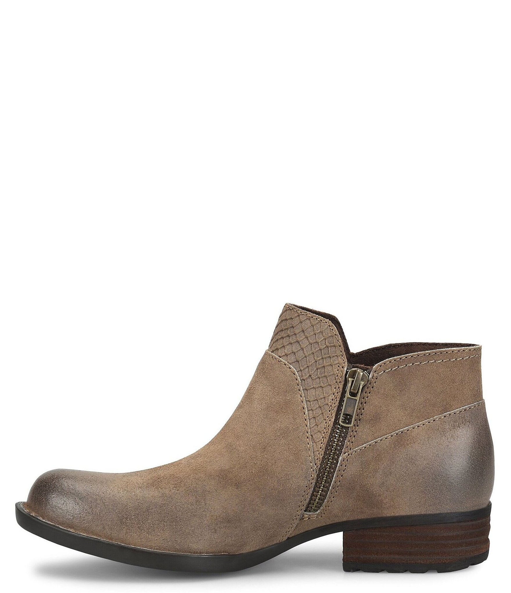 Born Kinney Burnished Suede Combo Snake Embossed Accent Ankle Booties